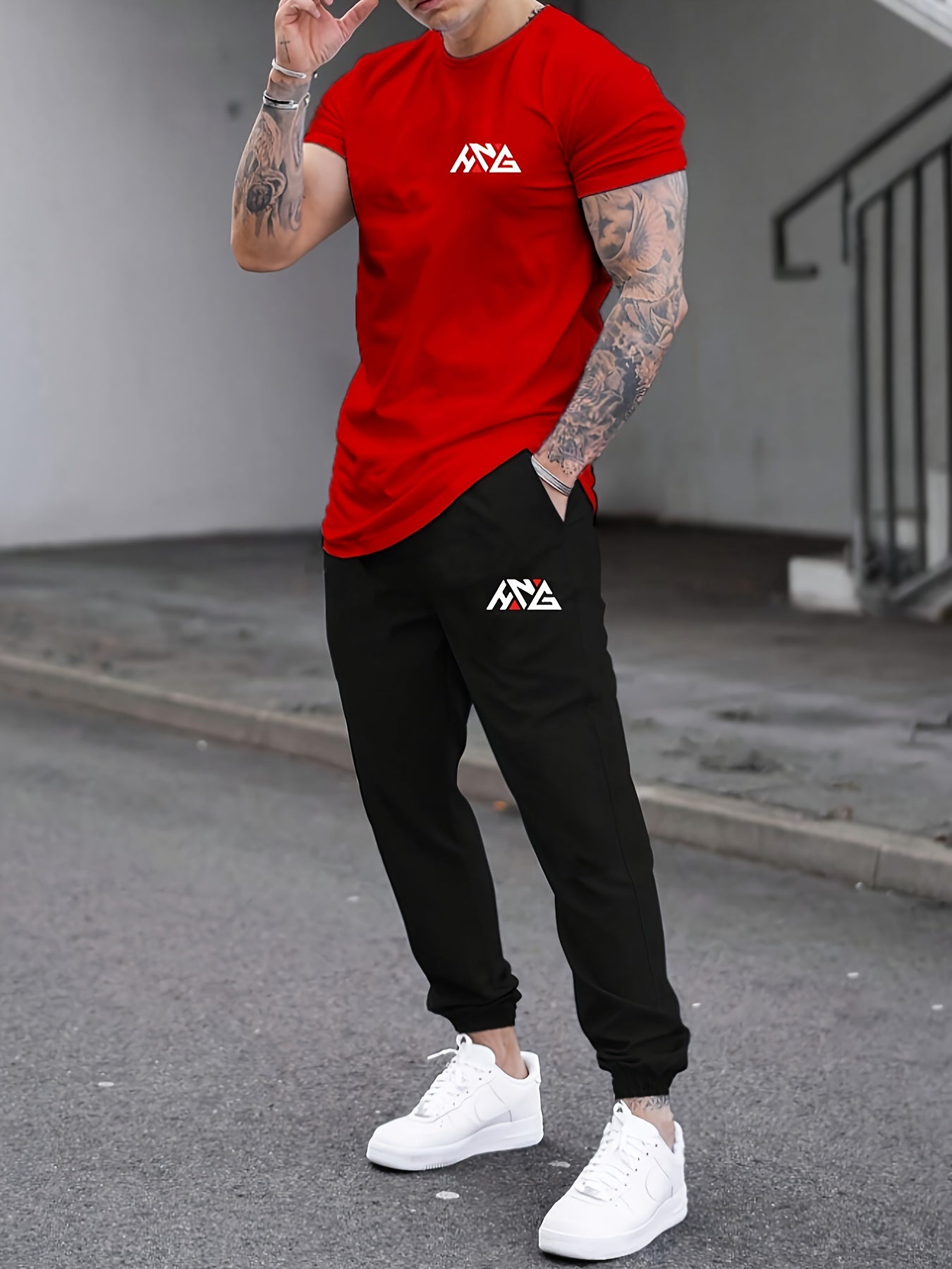 Men's Casual Fashion HNG Letter Print T-Shirt & Drawstring Joggers Set - Polyester Blend, Stretchy, Summer Wear