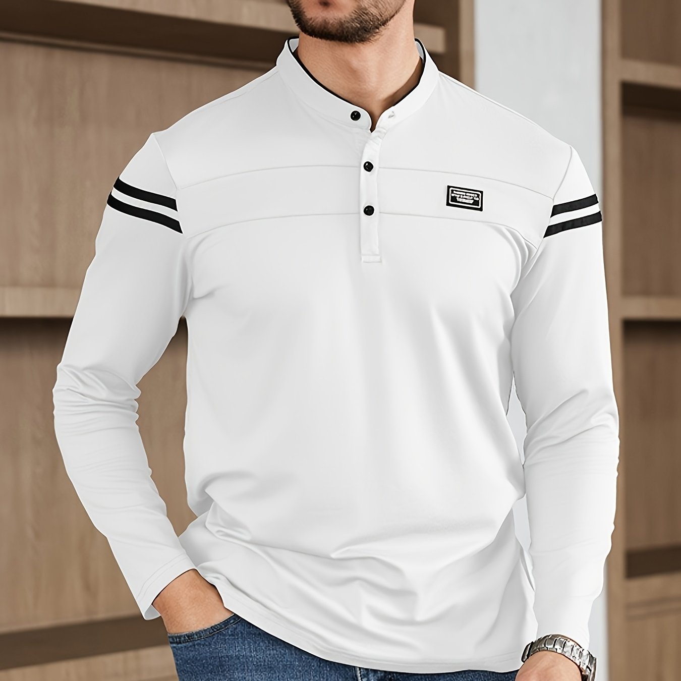 Men'S Casual Long Sleeve T-Shirt - Solid Color with Stand Collar & Stripe Polo, Button-Up Front, Ideal for Outdoor Activities