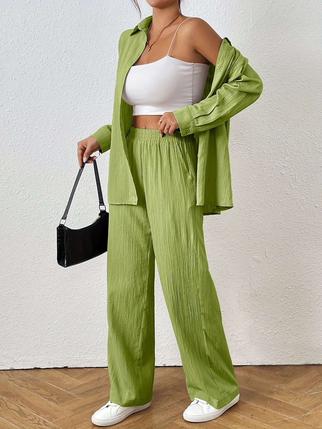 2pcs Women Spring & Autumn Casual Solid Color Long Sleeve Shirt And Pants Set