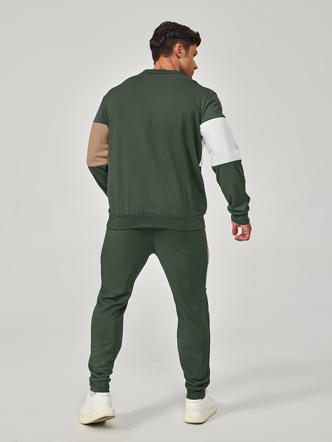 Men's Casual Crew Neck Sweatshirt & Joggers Set - Color Block, Polyester Blend, Machine Washable - Perfect for Spring/Fall, Leisure Style, Conventional Version, Spring/Autumn
