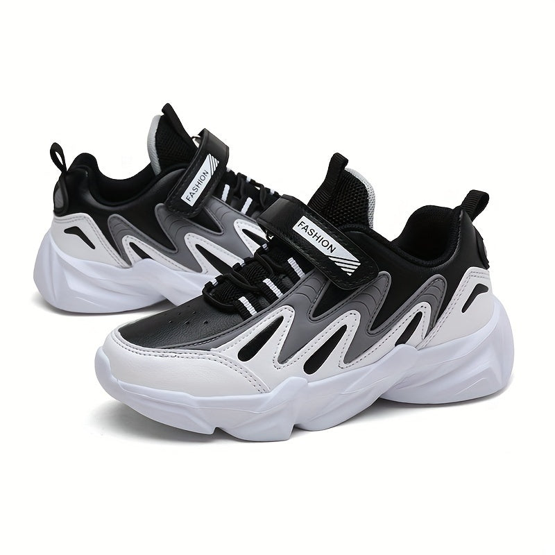 Youngsters' Lightweight Sporty Casual Sneakers with Closure, Geometric Color-Block Design, PU Upper & EVA Sole for Winter/Autumn - Breathable Fabric Lining, Grey & White, Winter Youngsters Footwear | Durable EVA Sole, Girls S