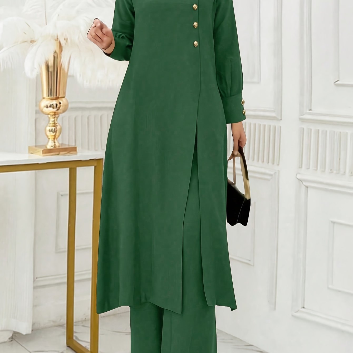 Ramadan, Women's Front-Button Long Sleeve Slit Dress & Pants Casual Arabic Style 2pcs Set, Only Clothes, Without Headscarf