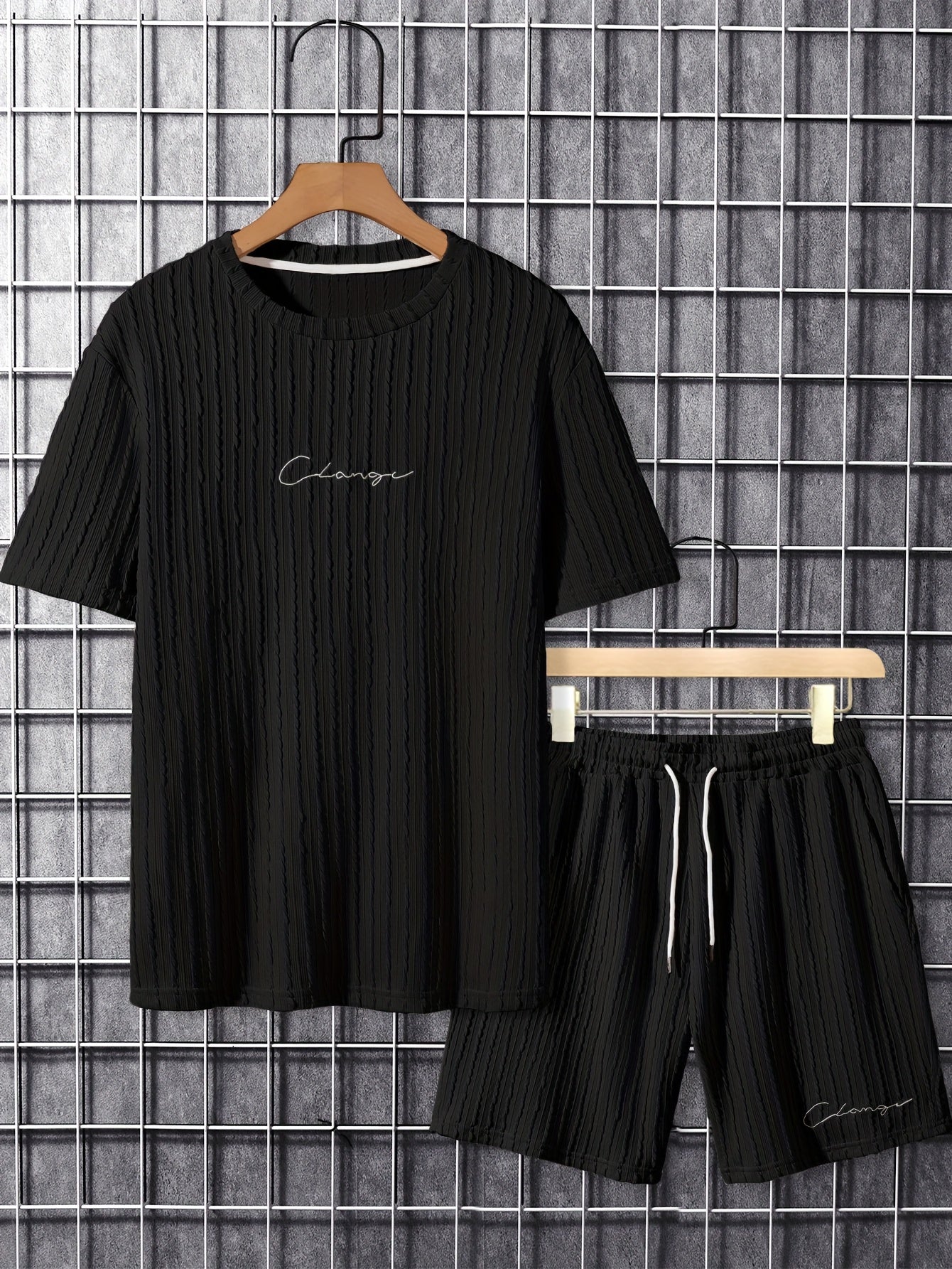Men'S Casual Polyester Crew Neck Embroidered Alphabet Pattern Slight Stretch Knit Fabric Regular Fit Lash Sets for Spring