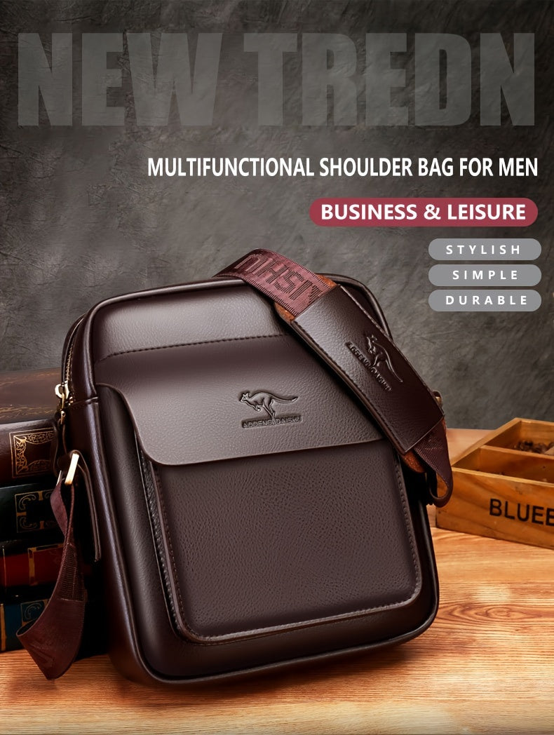 DOSHENG Men's Stylish Black Synthetic Leather Crossbody Bag - Adjustable Strap, Multi-Compartment Business Casual Satchel with Embossed Dinosaur Logo for Office Use, Versatile Crossbody Bag | Stylish Men's Accessory | Metalli