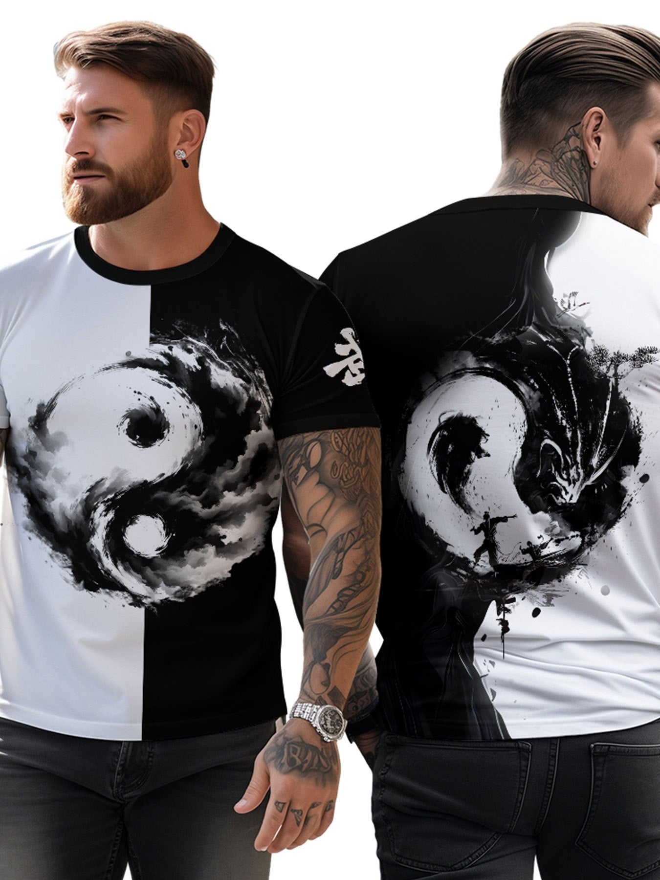 Men'S Yin Yang 3D Print T-Shirt - Casual Crew Neck Polyester Tee, Slight Stretch Knit Fabric, Regular Fit, 100% Polyester Fiber, 100g/m²