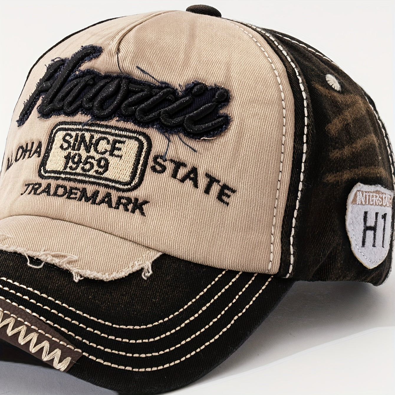 HAWAII Vintage Distressed Baseball Cap - Adjustable Lightweight Unisex Hat with 3D Embroidered Aloha Text, Dual-Tone Beige & Brown, Breathable Design for Men & Women, Daily Use & Vacation, Hawaiian Accessories, Casual Headwea