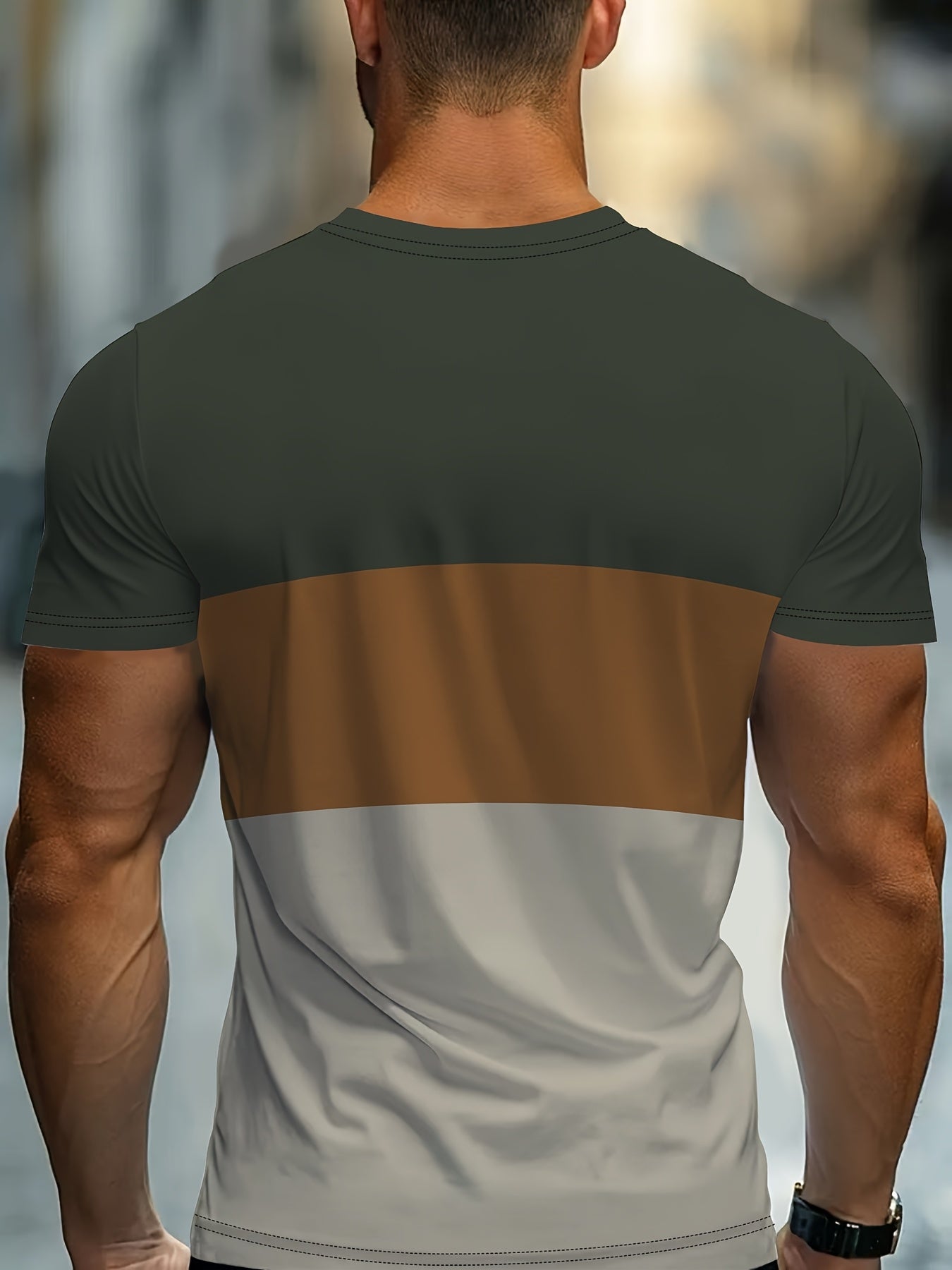 Men's Modern Fit T-Shirt - Dark Green to Beige/Ochre Color Transition, Machine Washable Casual Everyday Shirt for Parties & Outings - Non-Transparent Fabric, Horizontal Stripe Design, Comfortable Fit Tee, Outing Attire, Trend