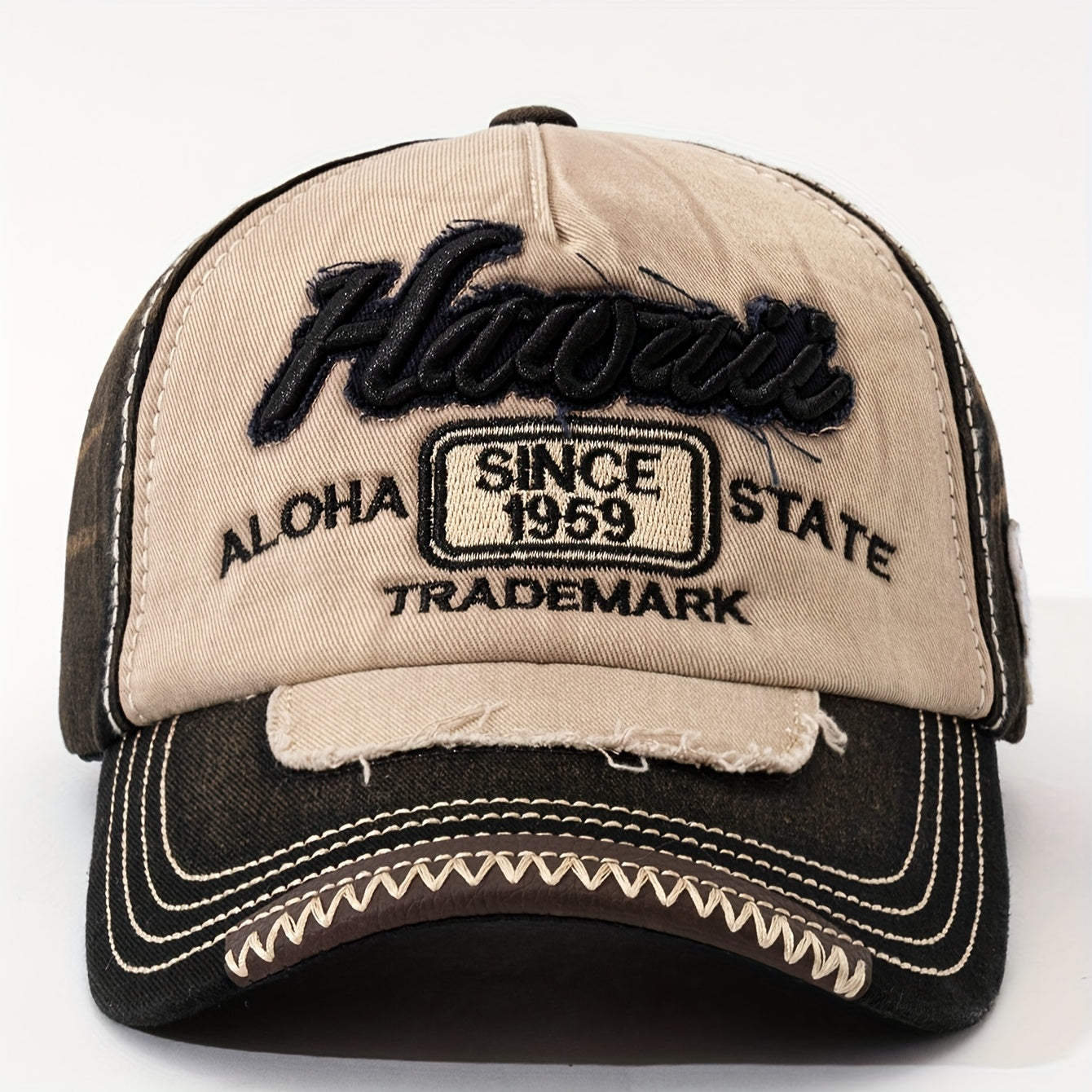Vintage "Hawaii" Embroidered Baseball Cap - Distressed Two-Tone Design, Breathable Cotton, Adjustable Fit, Casual & Travel Hat (Beige/Black, Brown/Red, Red/White)
