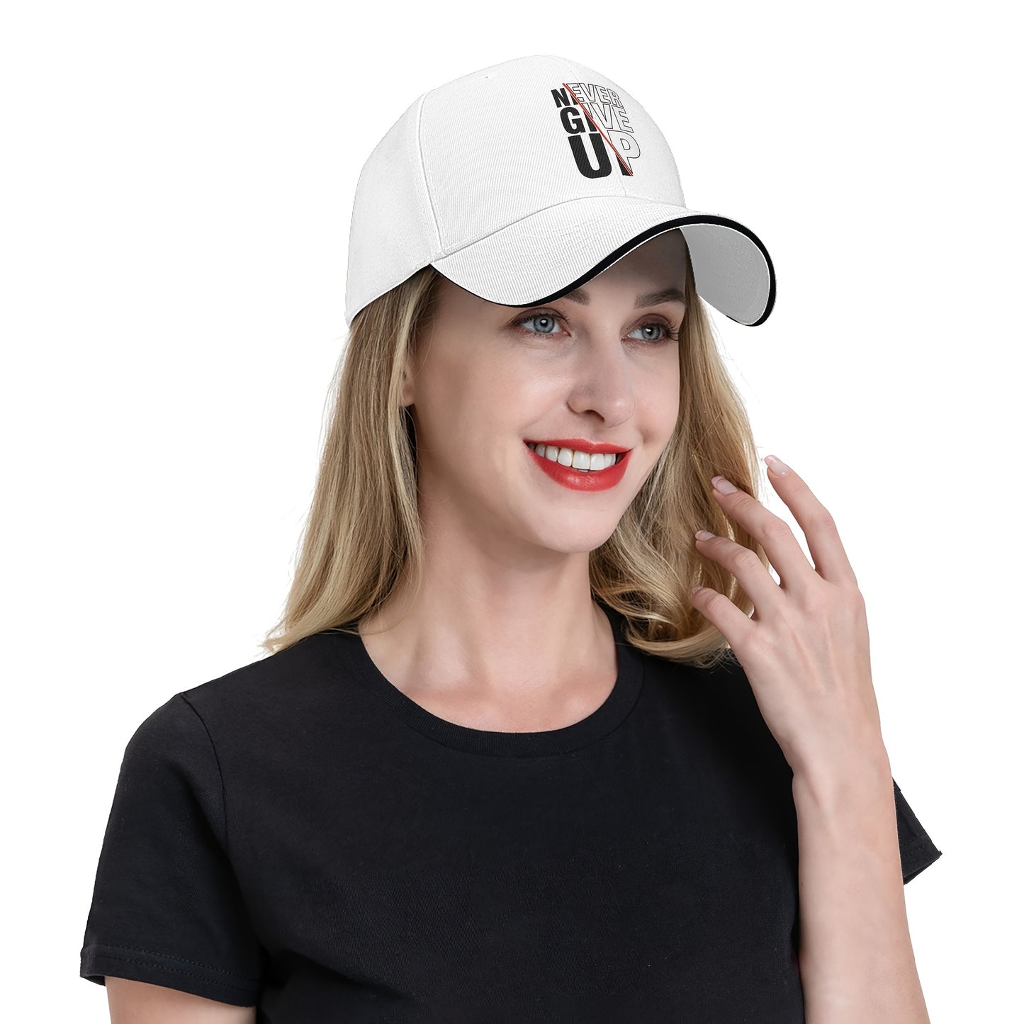 1 Pack Never Give Up Print Baseball Cap - Adjustable Snapback Dad Hat with Breathable Mesh Back, Funky Unisex Trucker Hat for Outdoor Fishing Driving, Black with White & Red Lettering, One Size Fits Most (53.34-63.5 cm)
