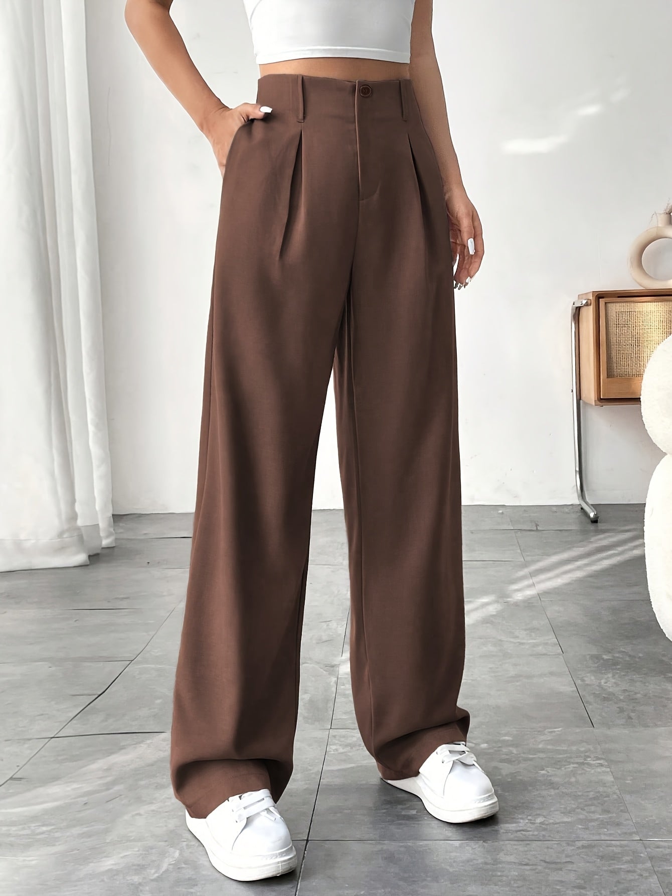Elegant Style, Women's Elegant Black Straight-Leg Pants with Pockets - High Waist, Polyester Blend, Machine Washable, Ideal for Office and Casual Settings