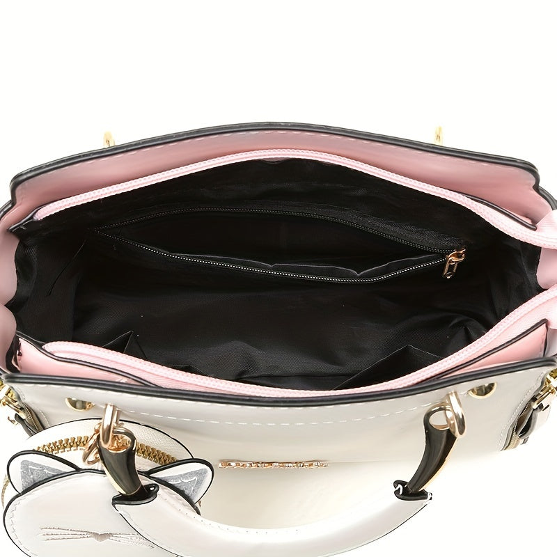 Women'S Fashion 2023 Embroidered Cat Design Messenger Bag, Removable Strap, Zipper Closure, Polyester Lined, Casual Shoulder Handbag with Edge Paint Detail