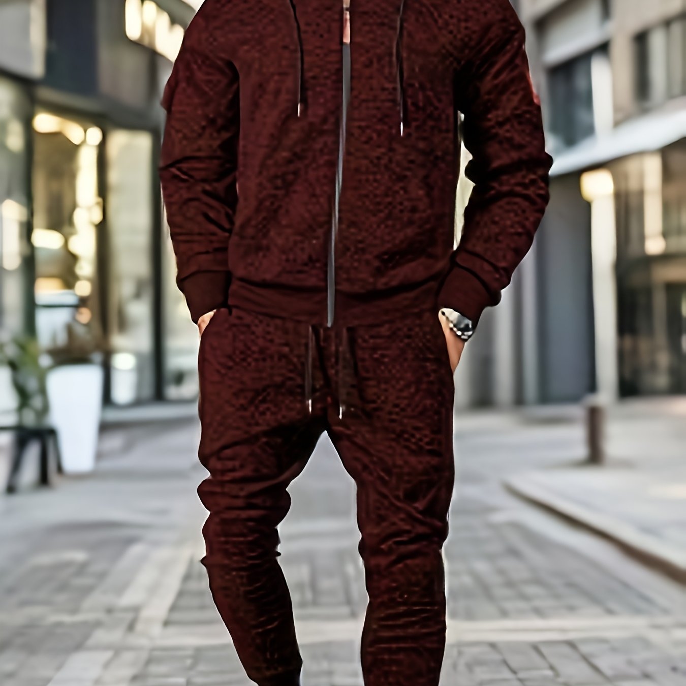 Men's Casual Sports Hoodie and Pants Set with Zipper, Drawstring, Fleece-Lined - Polyester Blend, Machine Washable