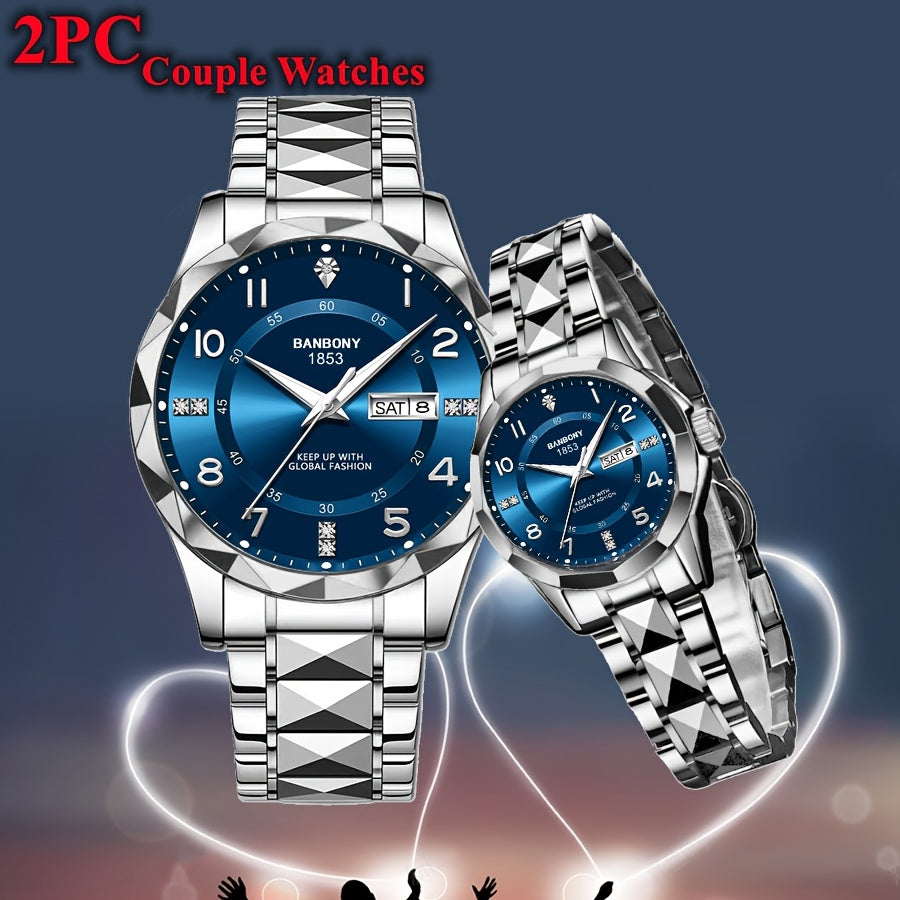 2pcs BNDBONY Brand Men And Women Couples Quartz Watch Stainless Steel Strap Scratch-Resistant Wear Luminous Pointer Digital Simple Hd Disc IPX7 Waterproof Fashion Multifunctional Couples Watch Holiday Couples Lover Birthday G