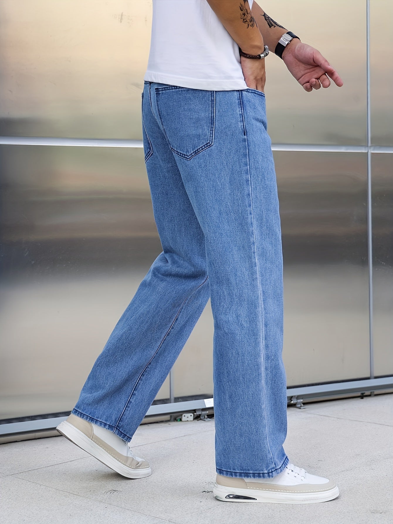 Men's Loose Fit Wide Leg Jeans, Street Style Stretch Casual Pants