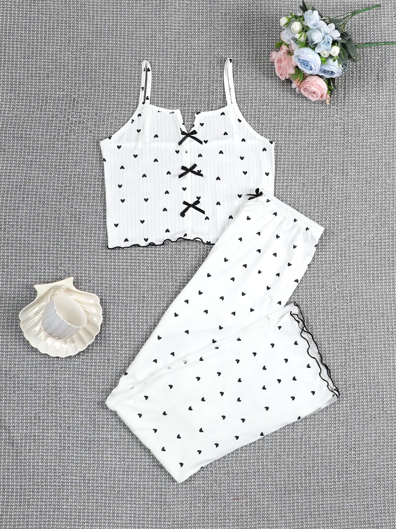 Women'S Pajama Set with Sexy Bow, Backless Love Letter Print & Elegant Long Pants, Comfortable Homewear for Spring/Summer/Fall - Polyester, No Collar, No Belt