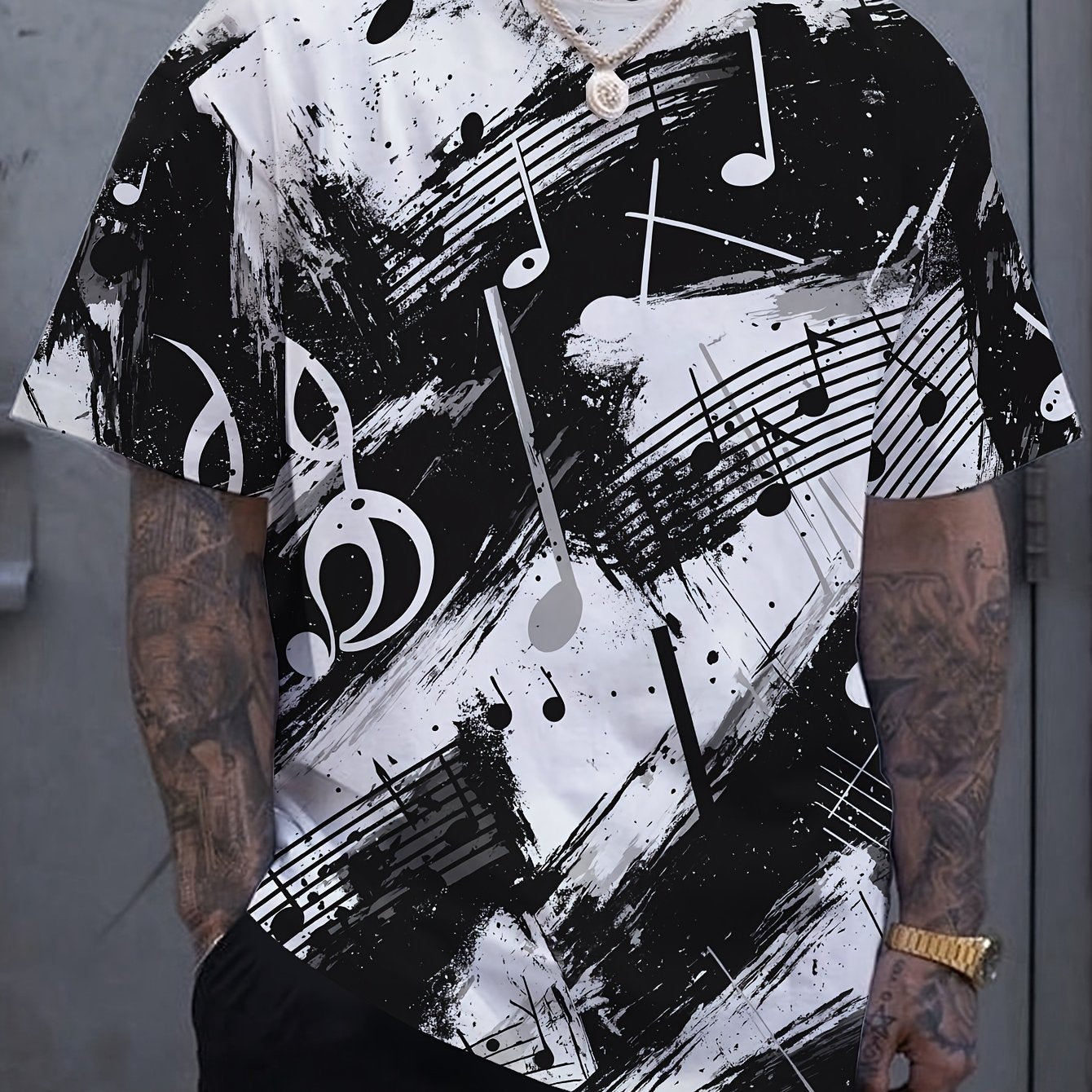 OBM Men's Casual Short Sleeve T-Shirt - Music Note & Splatter Print Design, 100% Polyester, Breathable Summer Tee, Regular Fit, Machine Washable, Musicthemed Apparel, Smooth Texture Fabric