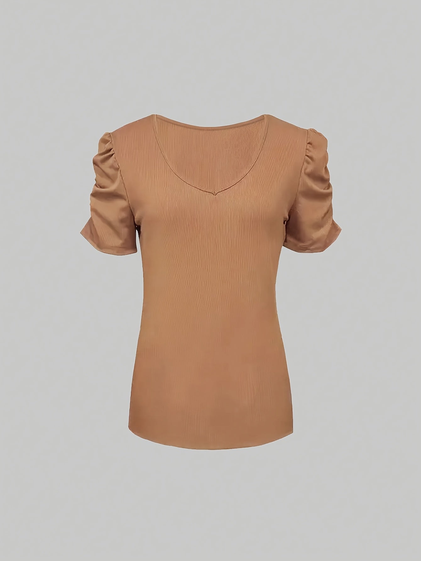 Women'S Stretchy V-Neck Ribbed Crop Top - Beige Casual Summer Blouse with Puff Sleeves, High Waist White Pants & Golden Belt, Stylish Layering Piece, Crop Top Blouse