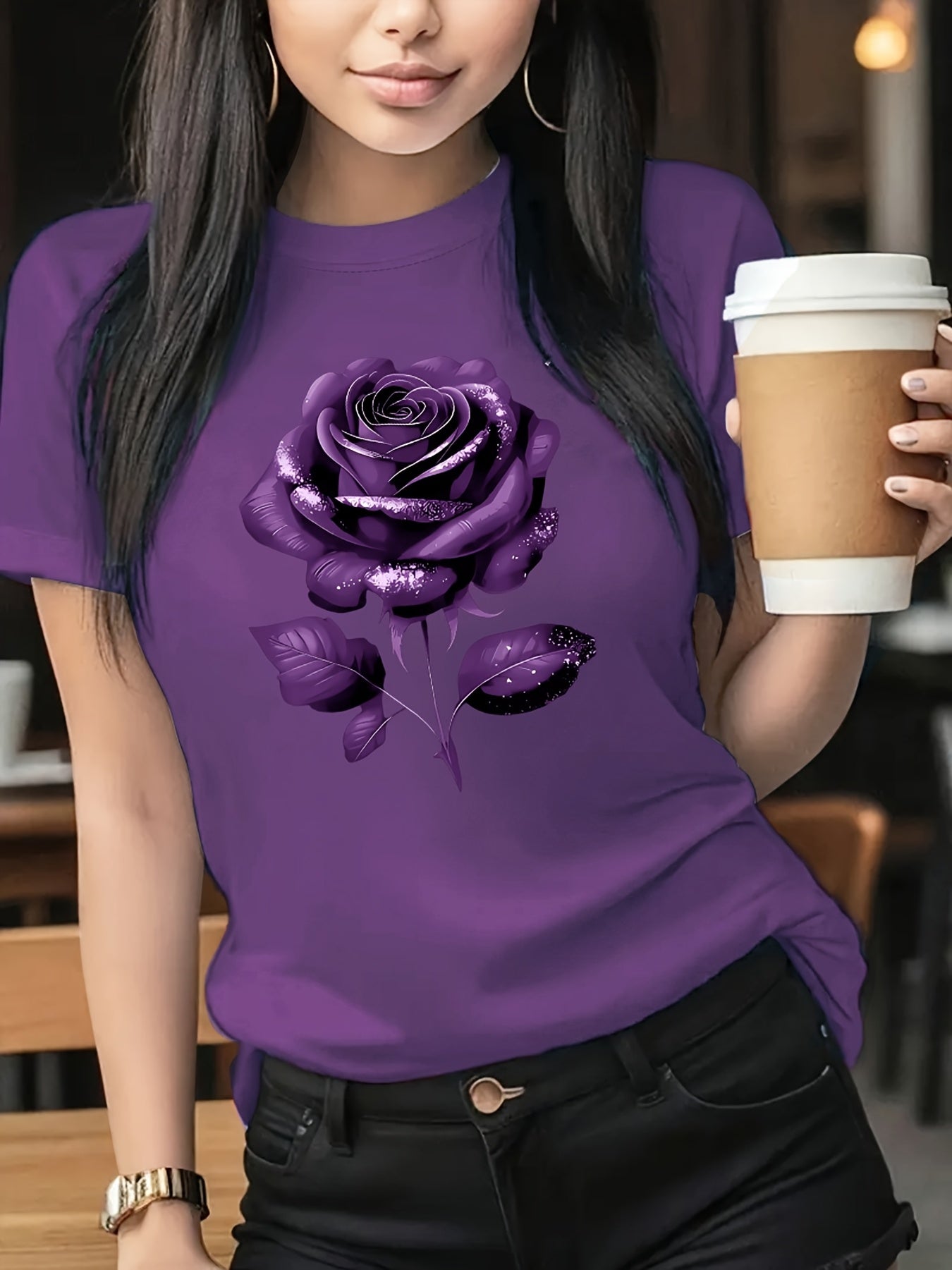 The Black Roseprint t-shirt, short sleeve crew neck casual top for summer & spring, Women's clothing gift