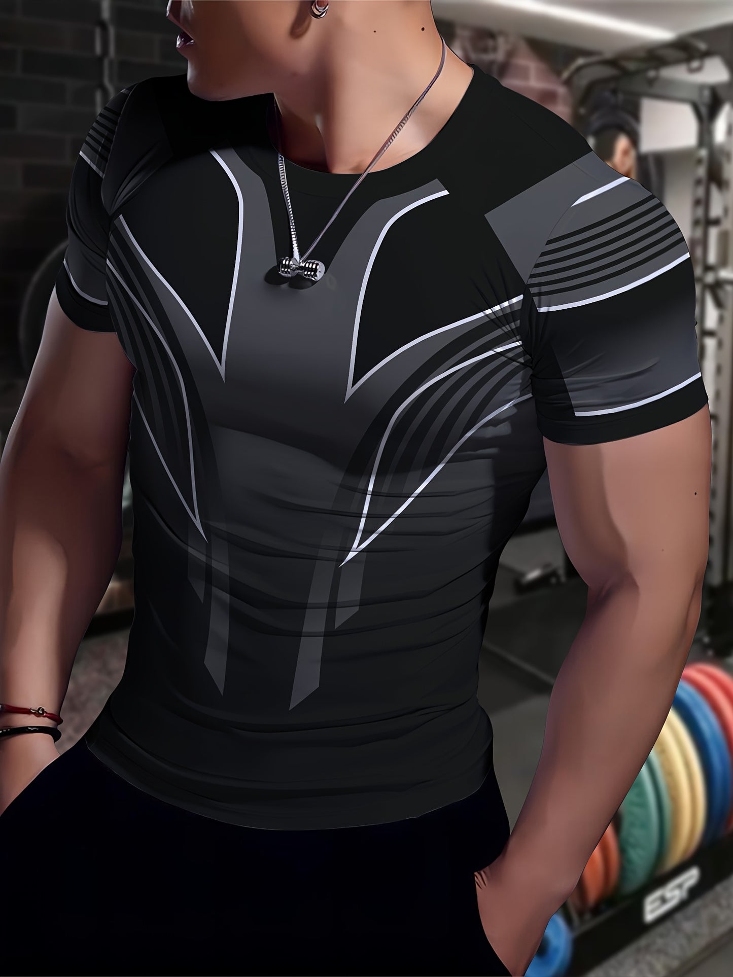 Men'S Slim Fit Breathable T-Shirt with Intricate Black & White Geometric Print - Moisture-Wicking Polyester-Spandex Blend, Machine Washable, Round Neck Short Sleeve for Summer Casual Wear, Gym, Hiking & Outdoor Activities