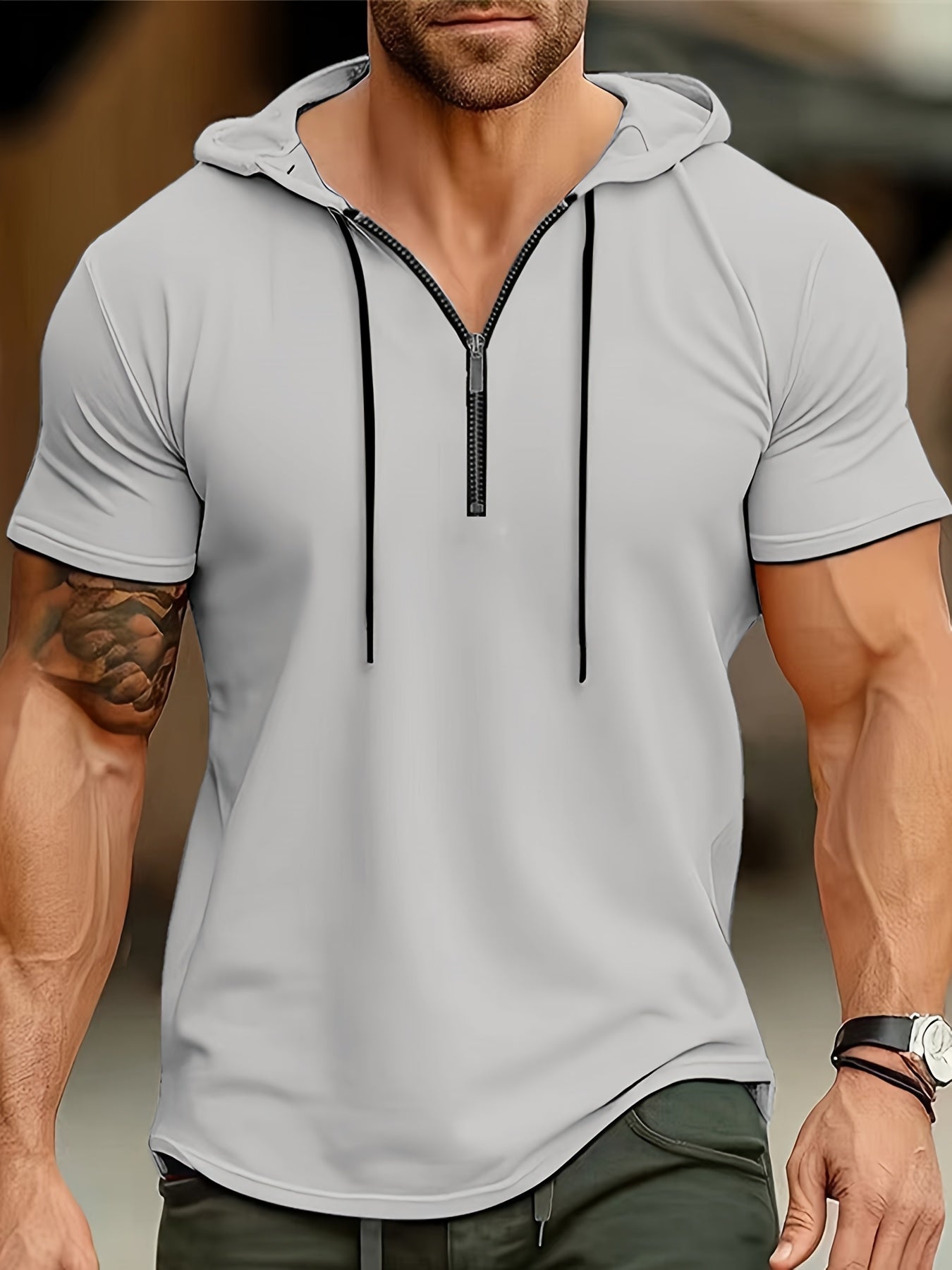 1pc Men's Light Blue Casual Hooded Short Sleeve T-Shirt with 1/4 Zipper, Breathable Stretch Fabric for Gym, Outdoor & Summer Wear, Gym Apparel, Stylish Contrast Detailing, Comfortable Fit