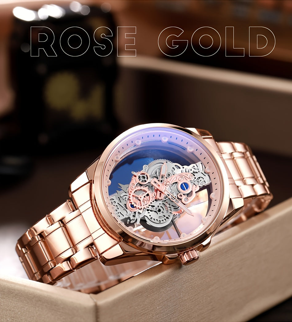 TPW Men's Rose Golden Skeleton Luminous Quartz Watch - Glamorous Luxury Wristwatch with Exposed Movement, Comfortable Metal Band, Father's Day Gift for Him, Luxury Men's Watch | Romantic Watch Design | Rose Golden Finish