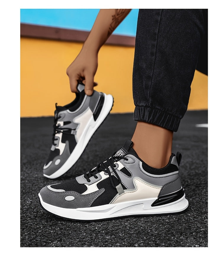 Men's Plus Size Breathable Mesh Casual Sneakers - Low-Top Lace-Up Walking Shoes with Cushioned PVC Sole, All-Season Outdoor & Daily Wear in White/Navy/Red Accents, Outdoor Footwear | Modern Sneakers | Durable Fabric Shoes