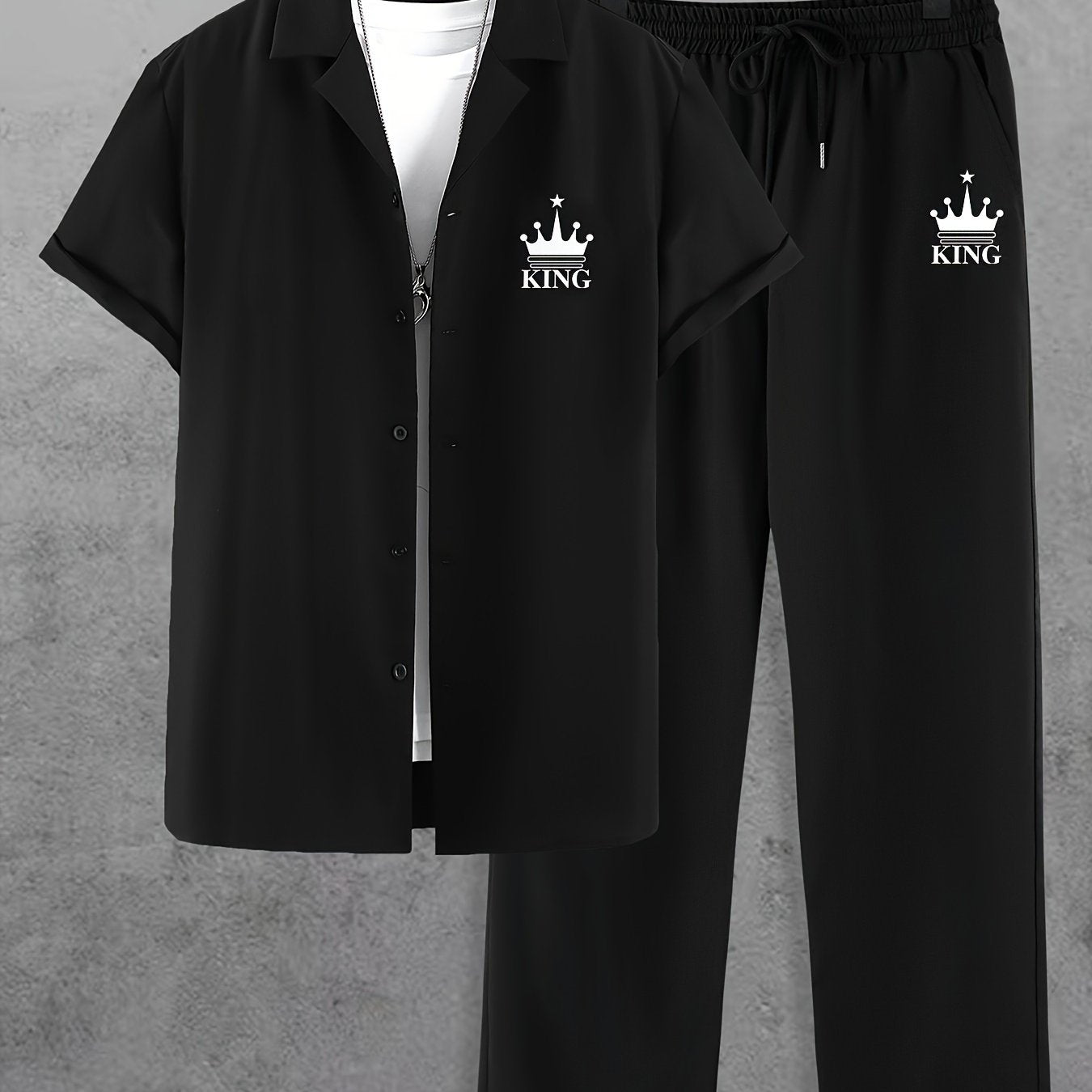 Men'S Casual Summer Crown Print Short Sleeve Button-Up Shirt & Pants Set - Black, Relaxed Fit, Non-Stretch Fabric, Lapel Collar, Stylish for Casual Attire, Casual Attire|Crown Print Design|Relaxed Fit Pants, Crown Shirt