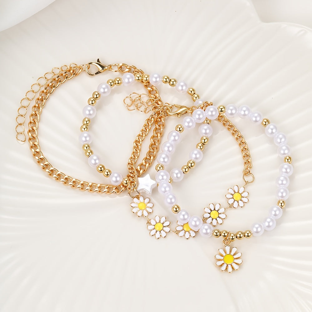 4pcss Summer New Casual Party Small Golden Bead Pearl Bracelet Set, 4pcss Bohemian Beach Daisy Bracelet for Women, Perfect for Gifting.