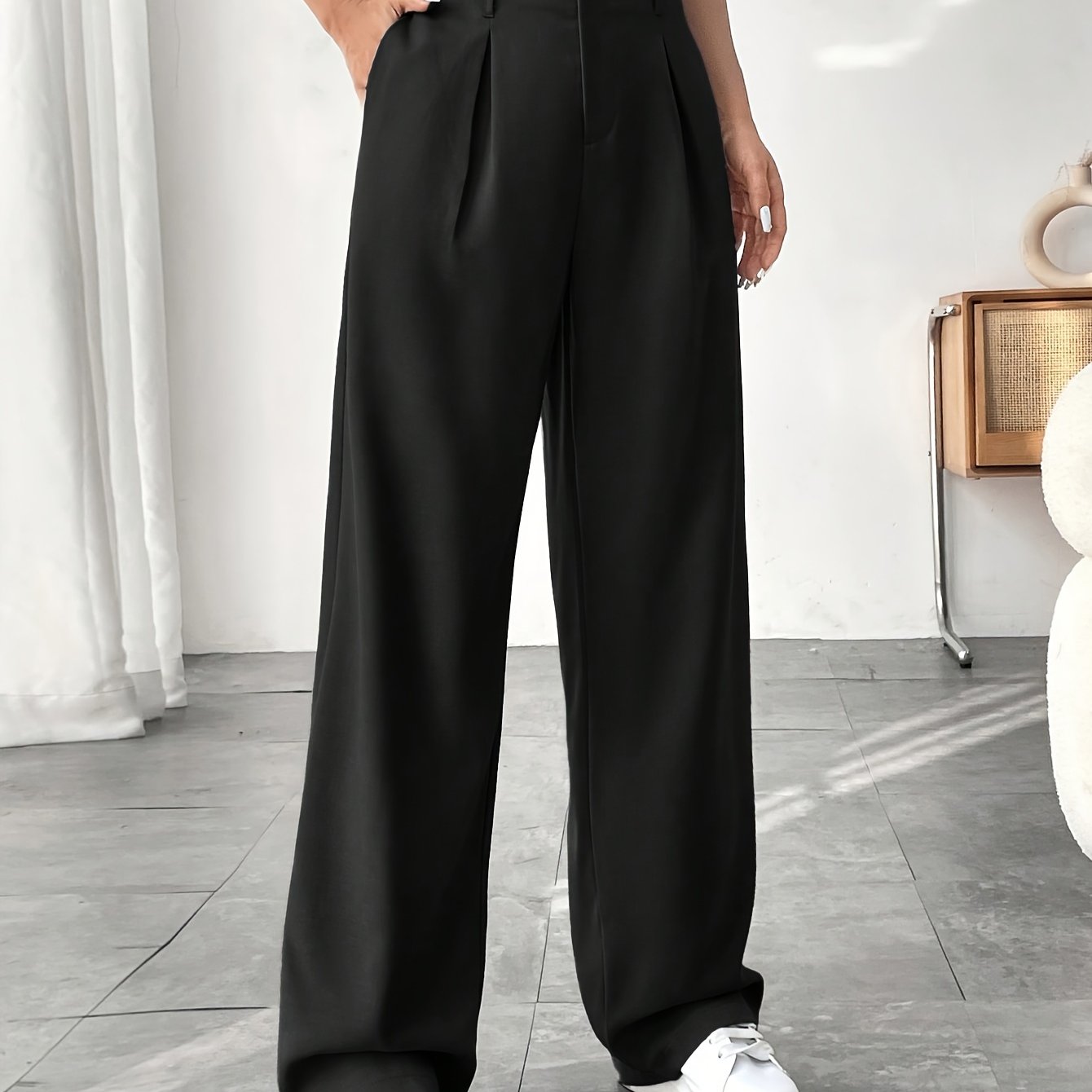 Women's Casual Wide-Leg Pants with High Waist and Slight Flare - Solid Color, Polyester, Machine Washable