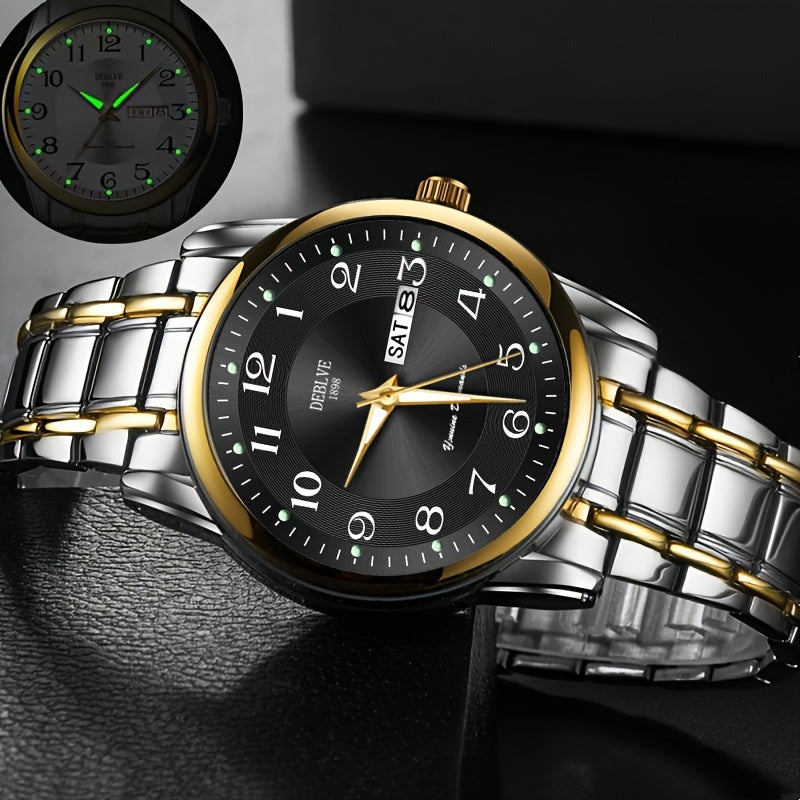 DEBLVE Men'S Fashionable Stainless Steel Watch with Luminous Numbers, Calendar & Week Display - Quartz Movement, Business Style, Ideal for Travel & Daily Use