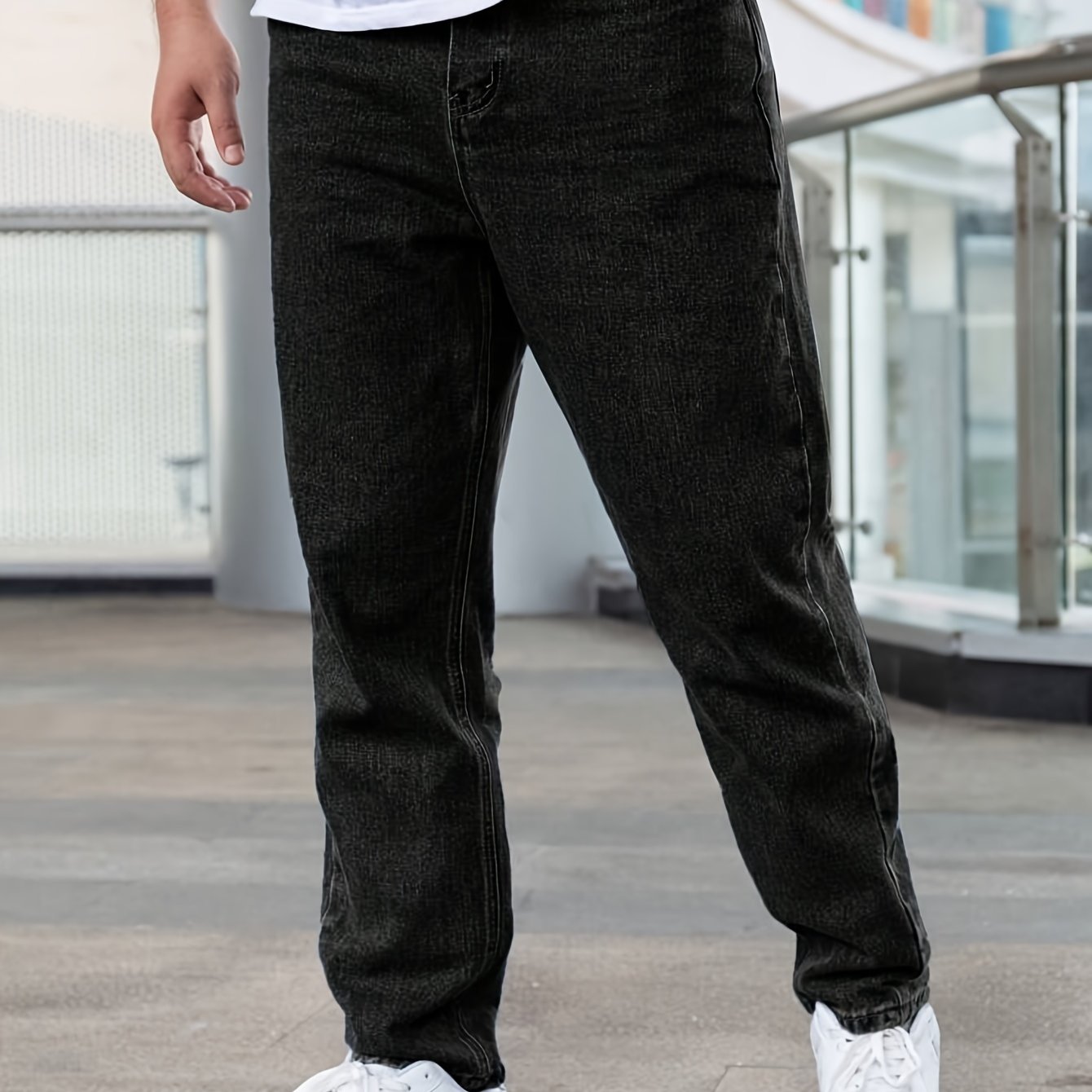 Men'S Loose-Fit Jeans, Cotton Blend Street Style Denim Pants, Non-Stretch Solid Color, Regular Length, with Multiple Pockets for All-Season Wear