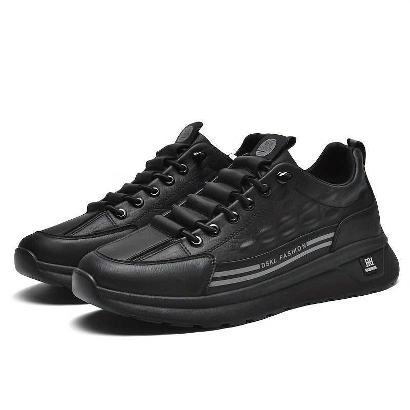 Men's Breathable Casual Sneakers - Comfortable, Versatile & Stylish Shoes for Running, Sports & Casual Attire, Black with White Accents, PU Upper & PVC Sole, Round Toe, Lace-Up Design, All-Season Use