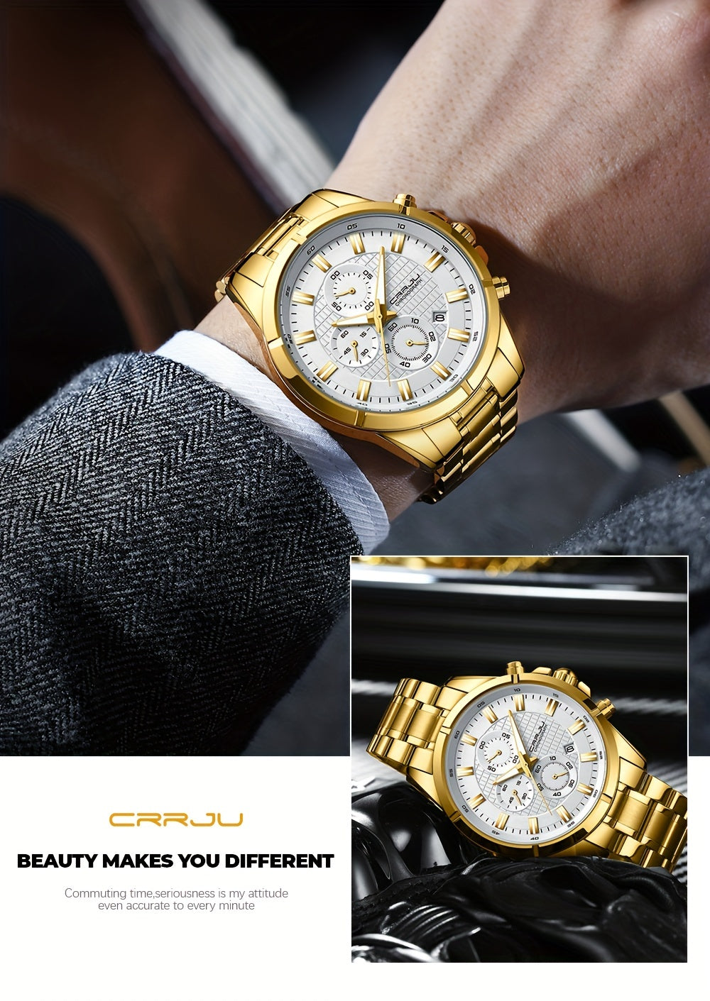 CRRJU Fashion Men's Watch, Business Solid Stainless Steel Multifunctional Chronograph Watch