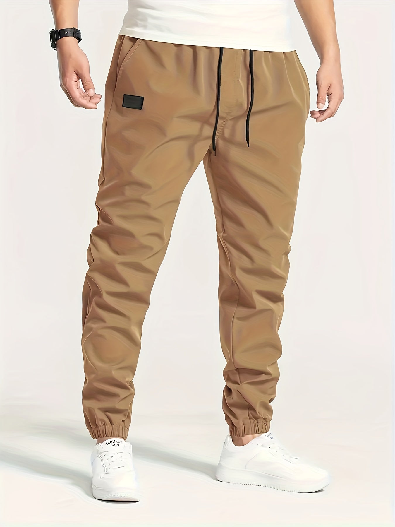 Men's Solid Color Drawstring Cargo Pants - Casual, Loose Fit with Multiple Pockets, Machine Washable
