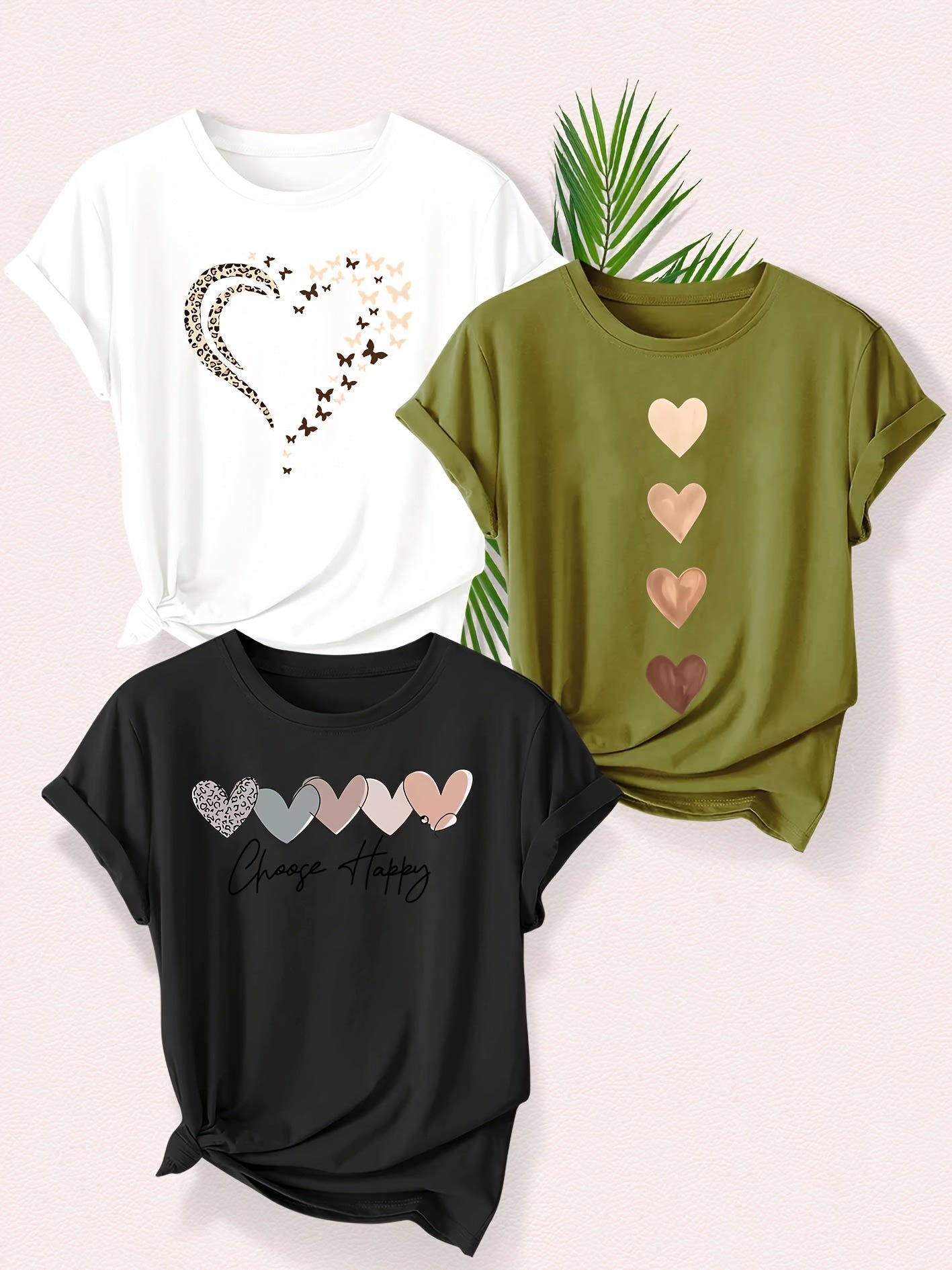 Leopard Print Small Butterfly Love Hearts in Pairs with English Letter Pattern Printed Fashion Retro Style Women's Spring, Autumn and Winter Casual Sports Top Round Neck Short Sleeve T-shirt 3pcs Combination Pack Family Pack