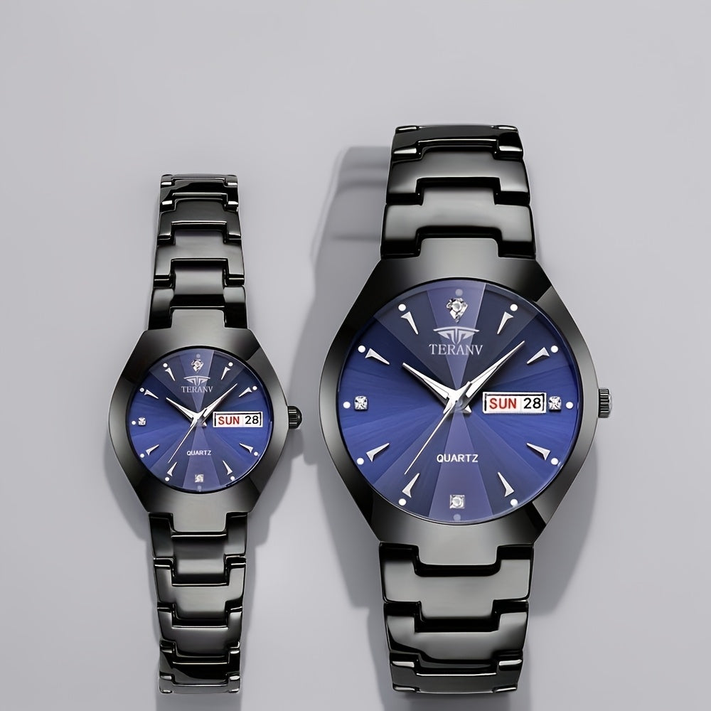 2pcs Couple Watches for Men & Women - Stainless Steel Strap, Rhinestone Accents, Luminous HD Display with Week Calendar, Quartz Movement, Elegant Gift for Valentine's Day, Mother's Day, Father's Day, Special Occasion Watch |