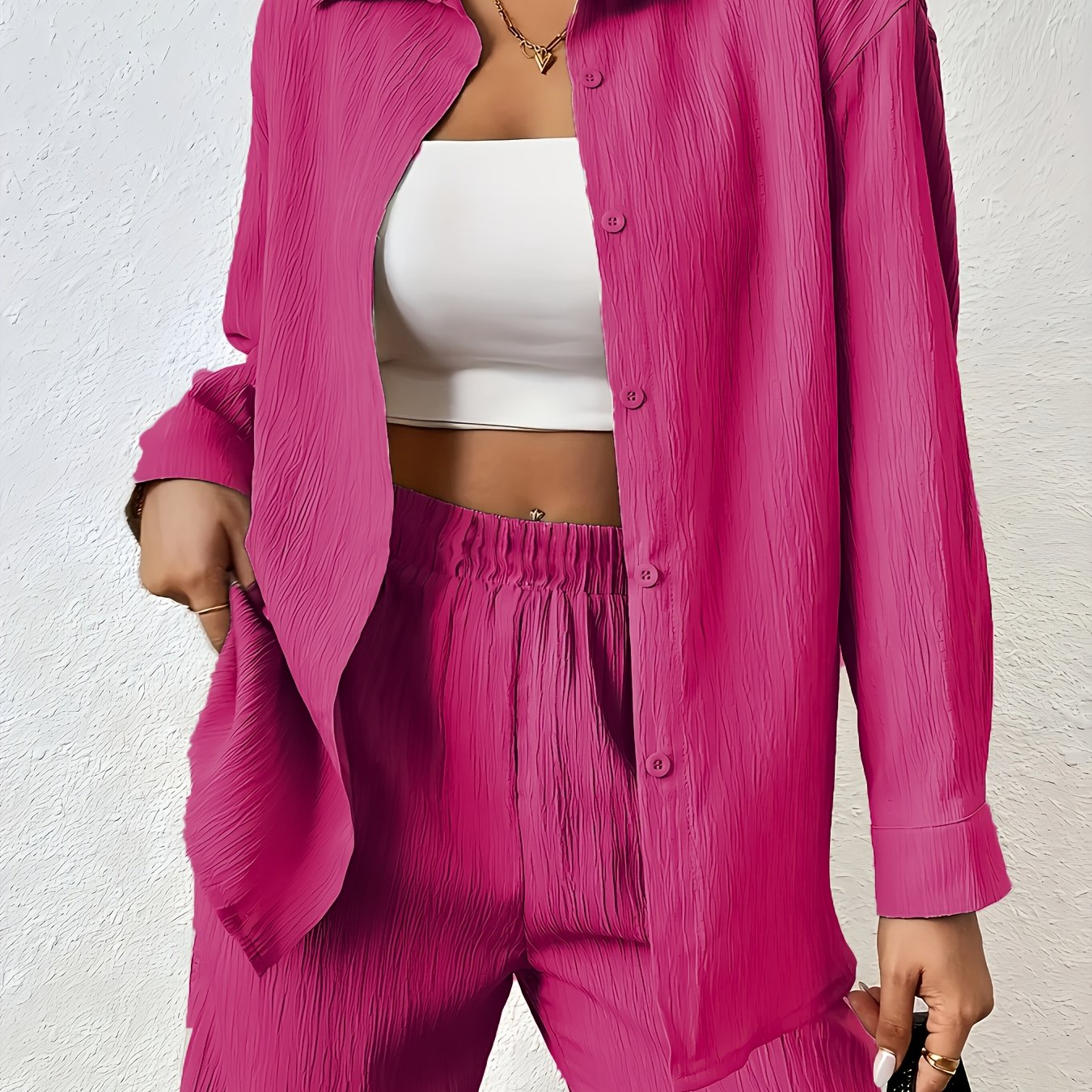 Women'S Casual Solid Color Long Sleeve Shirt + Long Pants 2pcs Set for Spring And Autumn.
