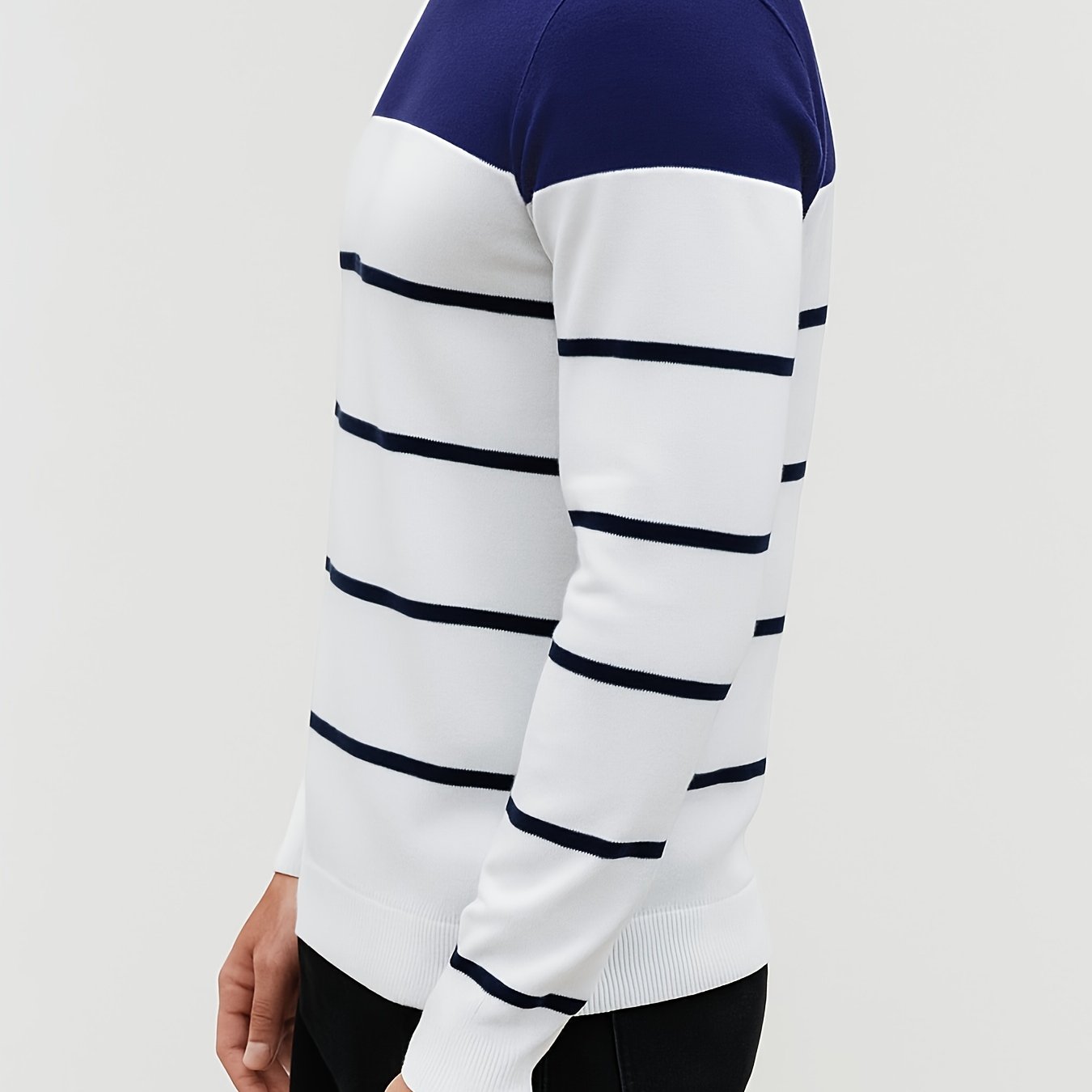 Men's Slim-Fit Striped Knit Sweater - All-Season Business Casual & Casual Attire, Navy Blue/White Horizontal Stripes with Contrast Trim, Round Neck Long Sleeve Pullover, Multi-Color Options (Black/Beige/Light Brown/Navy) - Co