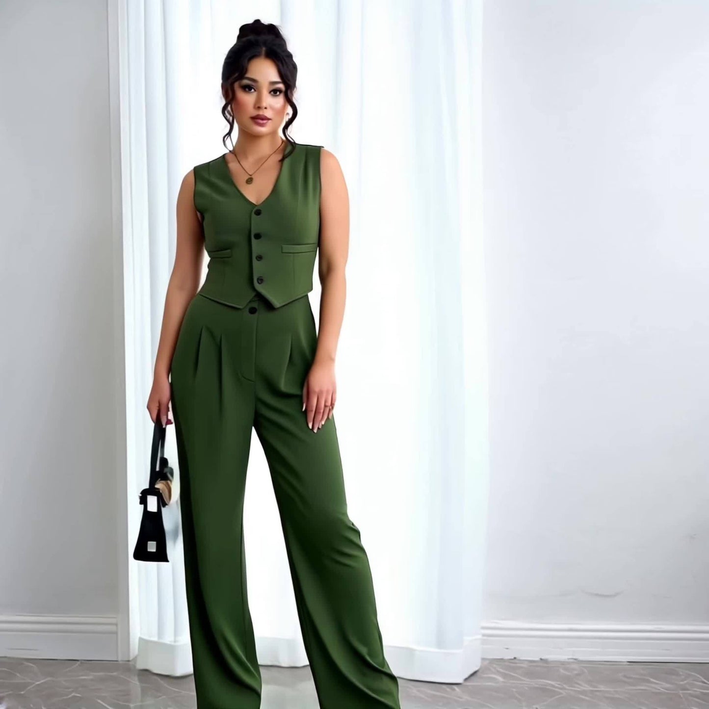 Design-Savvy Red Mini-Chic Sleeveless Suit Vest and Wide-Leg Pants Two-Piece Set