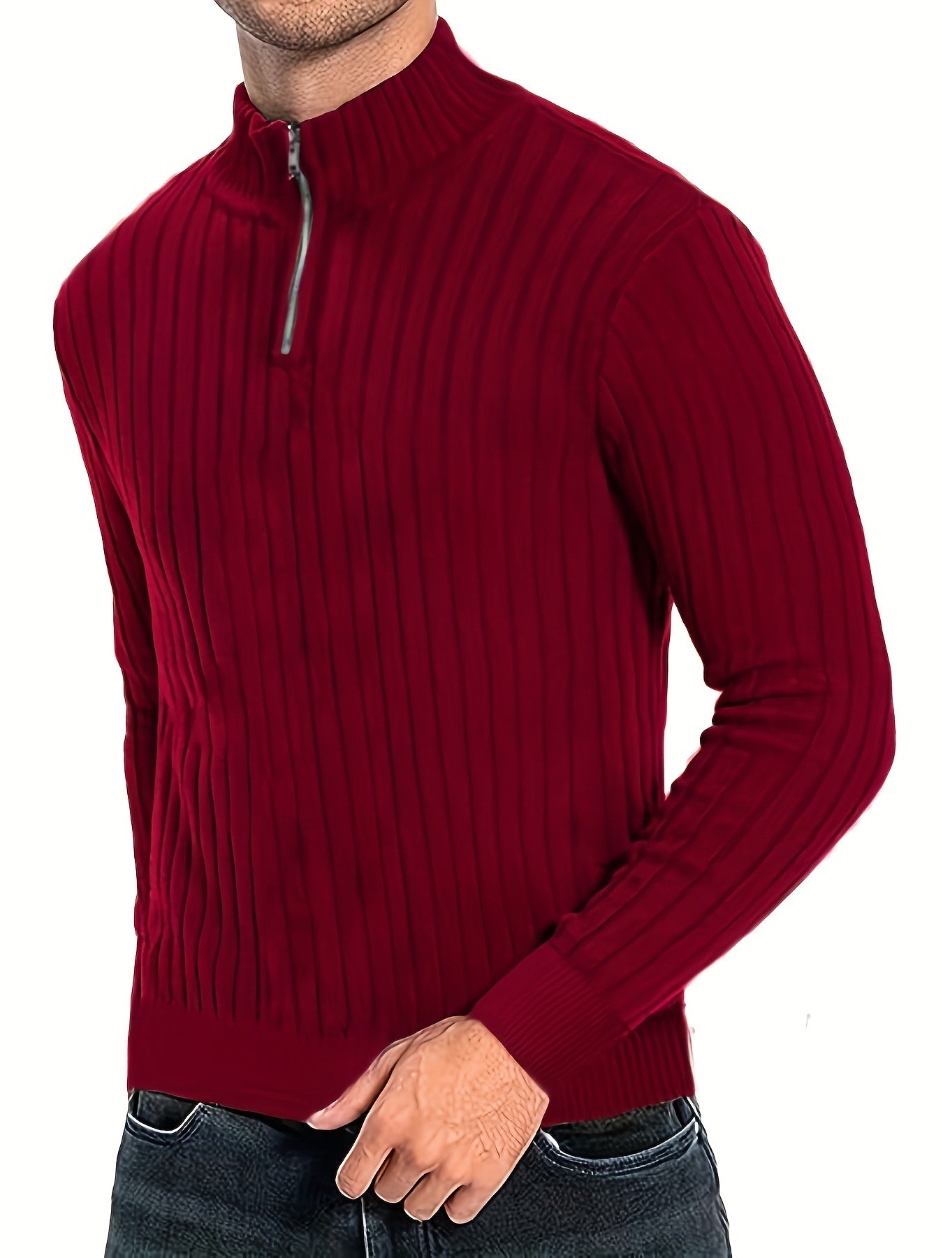 Men'S Casual Polyester Sweater, Solid Color, High Neck Quarter Zip, Long-Sleeved Pullover, Regular Fit, 100% Polyester Knit Fabric, 230g/m² - Fall/Winter Essential