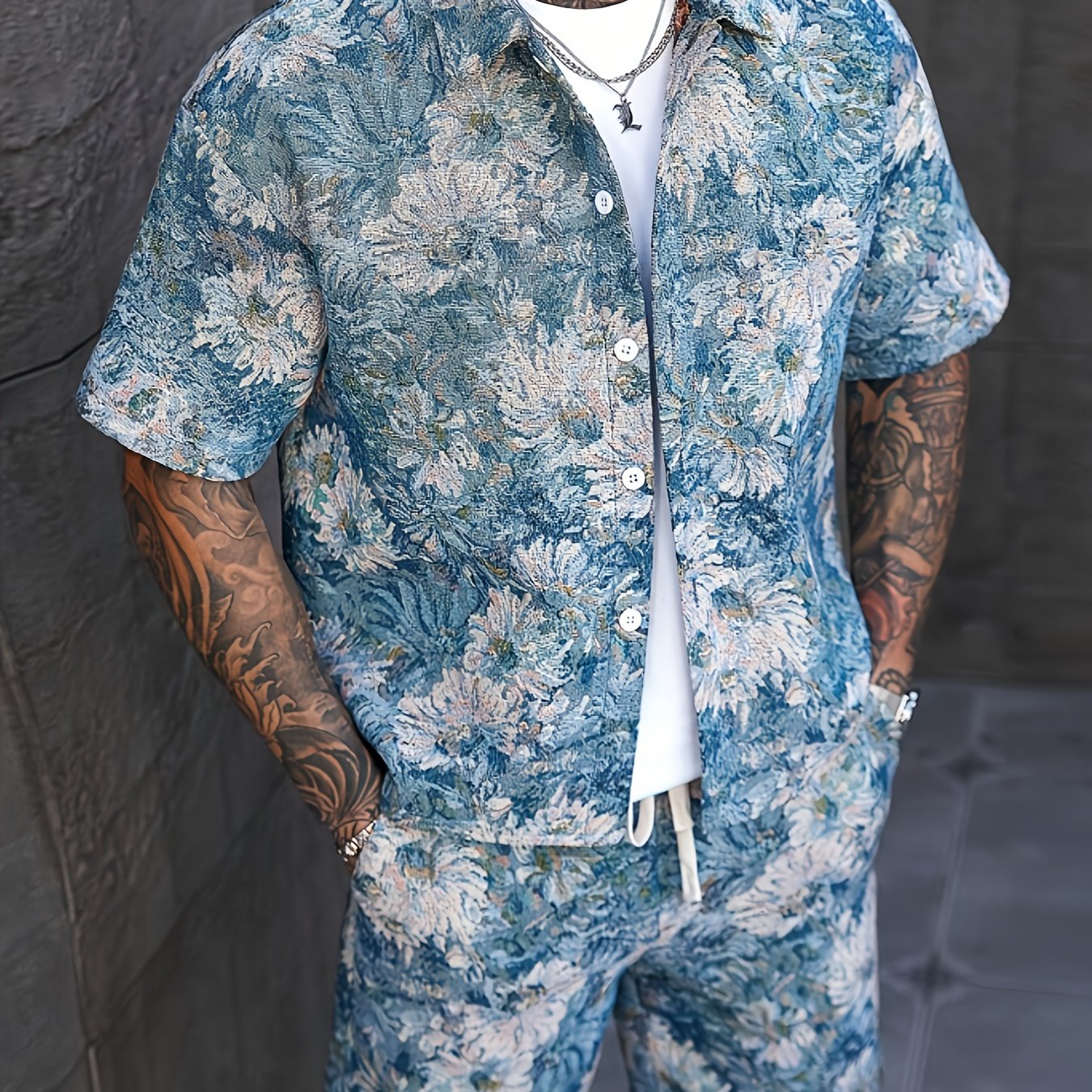 Men'S Summer Casual Short Sleeve Shirt & Shorts Set - Tropical Print, Loose Fit, Button-Up with Collar, Lightweight Polyester Fabric for Outdoor & Leisure Activities, Summer Casual Wear | Tropical Print Shirt | Lightweight Fa