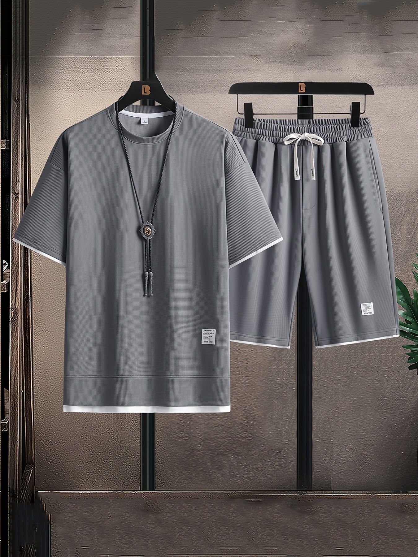 Waffle Grid Men's Trendy Round Neck T-shirt Breathable Casual Sports Suit Loose Two-Piece Set
