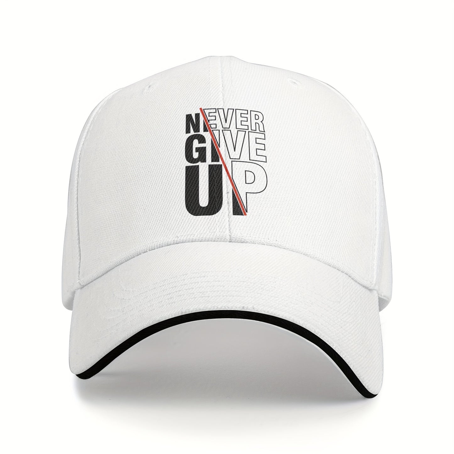 1 Pack Never Give Up Print Baseball Cap - Adjustable Snapback Dad Hat with Breathable Mesh Back, Funky Unisex Trucker Hat for Outdoor Fishing Driving, Black with White & Red Lettering, One Size Fits Most (53.34-63.5 cm)