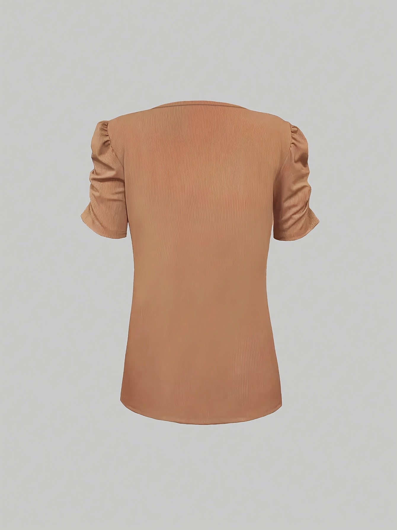 Women'S Stretchy V-Neck Ribbed Crop Top - Beige Casual Summer Blouse with Puff Sleeves, High Waist White Pants & Golden Belt, Stylish Layering Piece, Crop Top Blouse