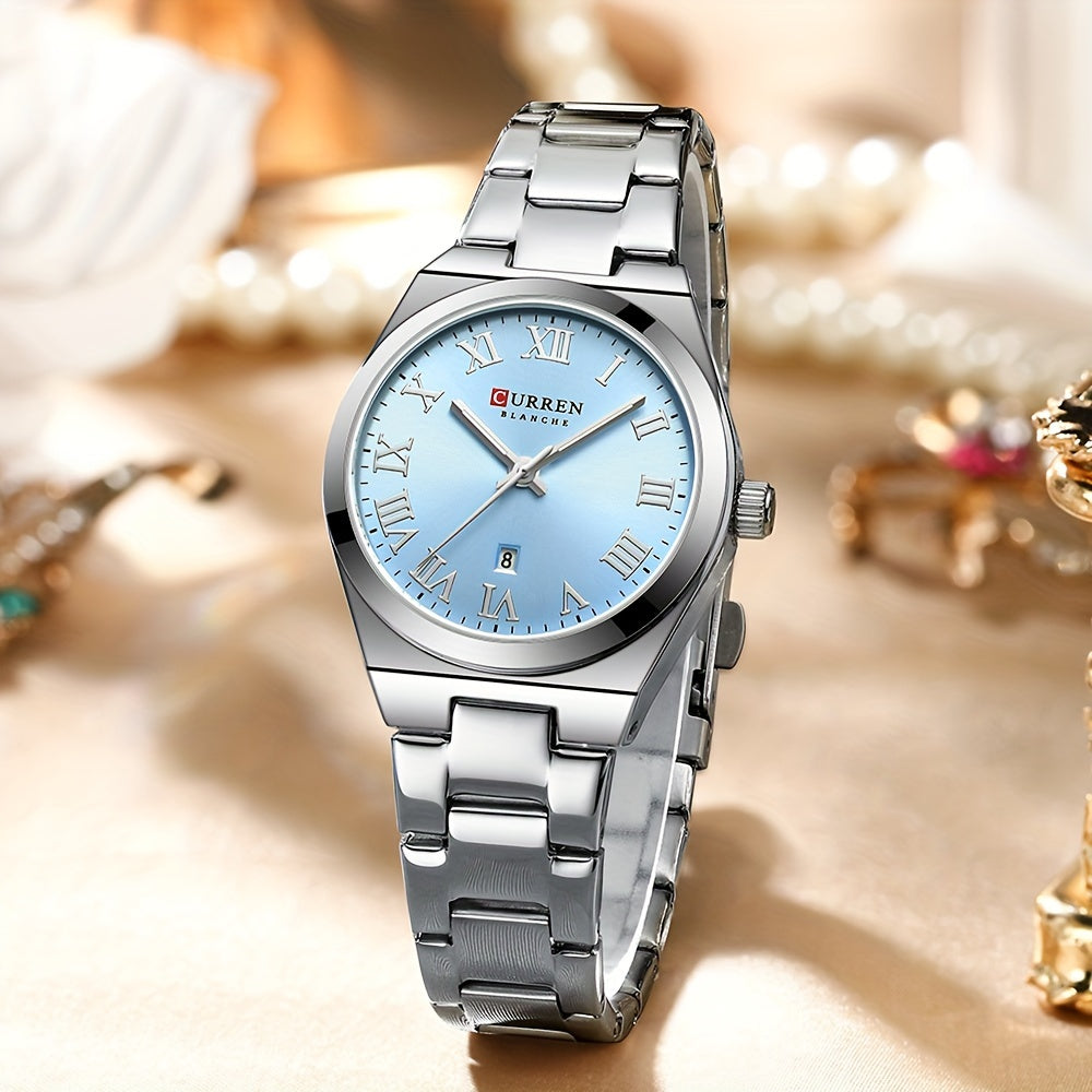 Fashionable Brand Of CURREN Ladies' Watches With A Casual And Simple Stainless Steel Strap, Featuring A Calendar And Quartz Movement.