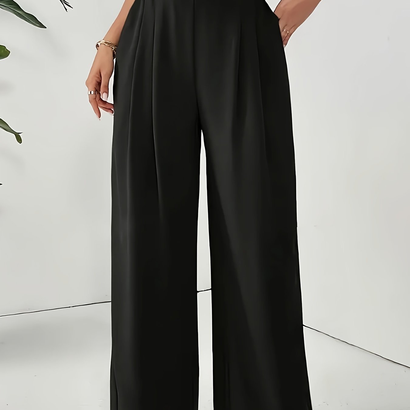 Women'S Stylish Gray Wide Leg Pants with Elastic Waistband and Double Pockets - Perfect for Office, Commuting, or Casual Wear