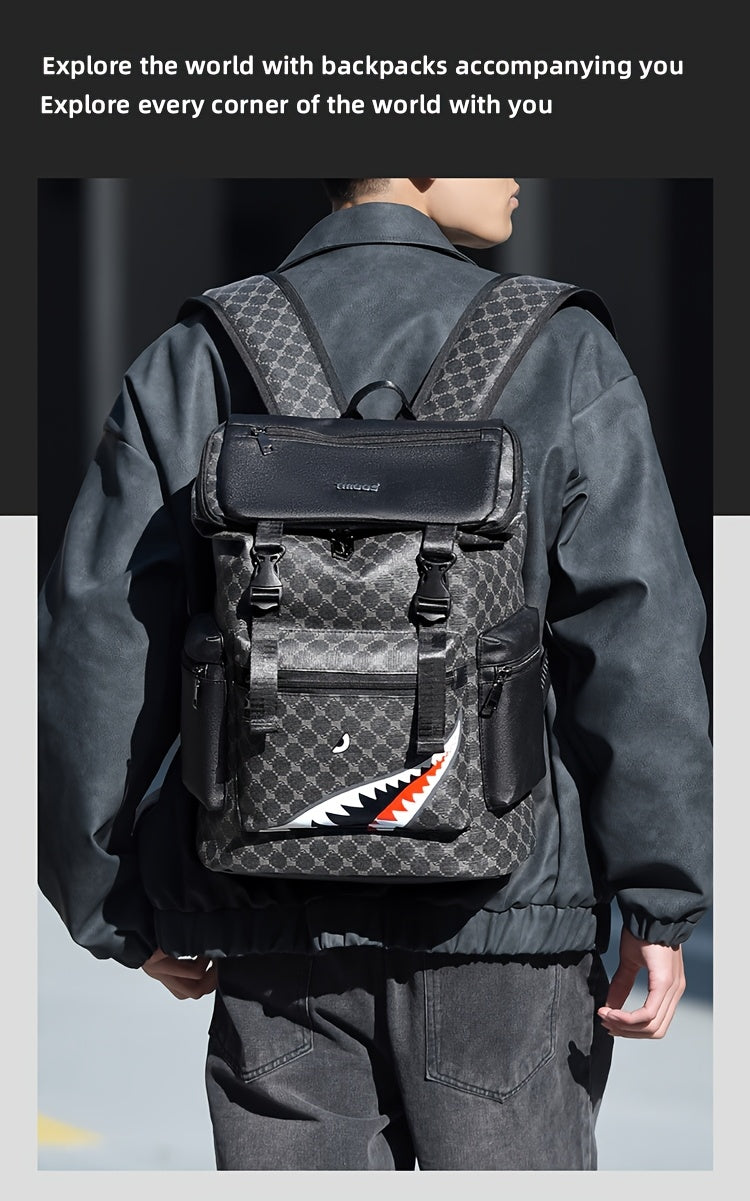 Men'S Stylish Black Backpack with Shark Graphic - Lightweight, Large Capacity, Multi-Functional Shoulder Bag for Travel, Commuting, School - Durable PVC Material, Sports & Fitness Design, Backpack for Travel
