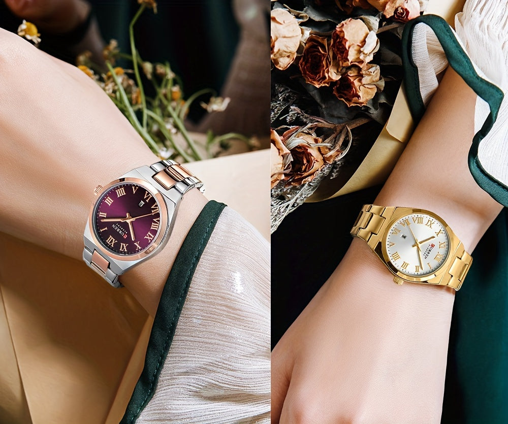 Fashionable Brand Of CURREN Ladies' Watches With A Casual And Simple Stainless Steel Strap, Featuring A Calendar And Quartz Movement.