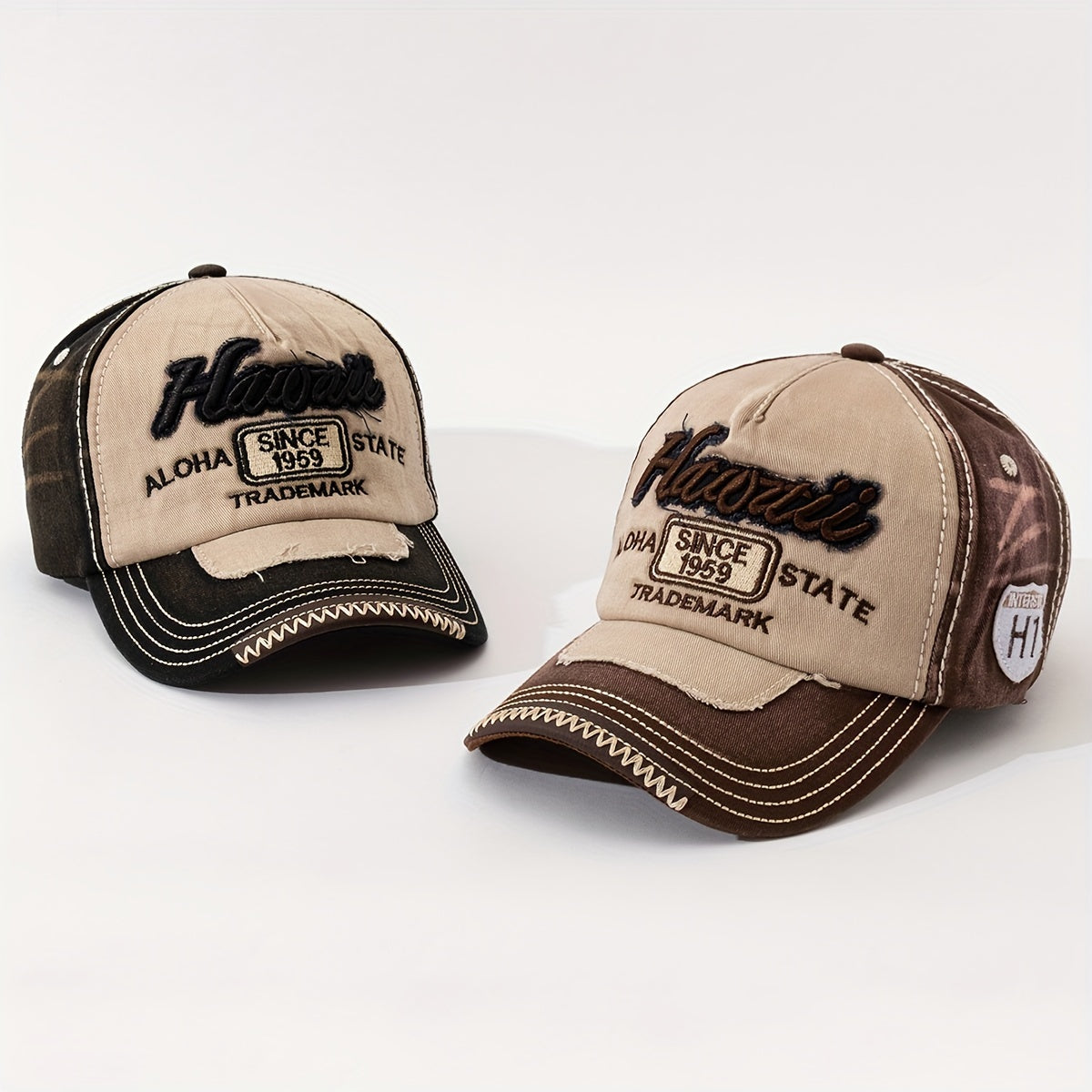 HAWAII Vintage Distressed Baseball Cap - Adjustable Lightweight Unisex Hat with 3D Embroidered Aloha Text, Dual-Tone Beige & Brown, Breathable Design for Men & Women, Daily Use & Vacation, Hawaiian Accessories, Casual Headwea