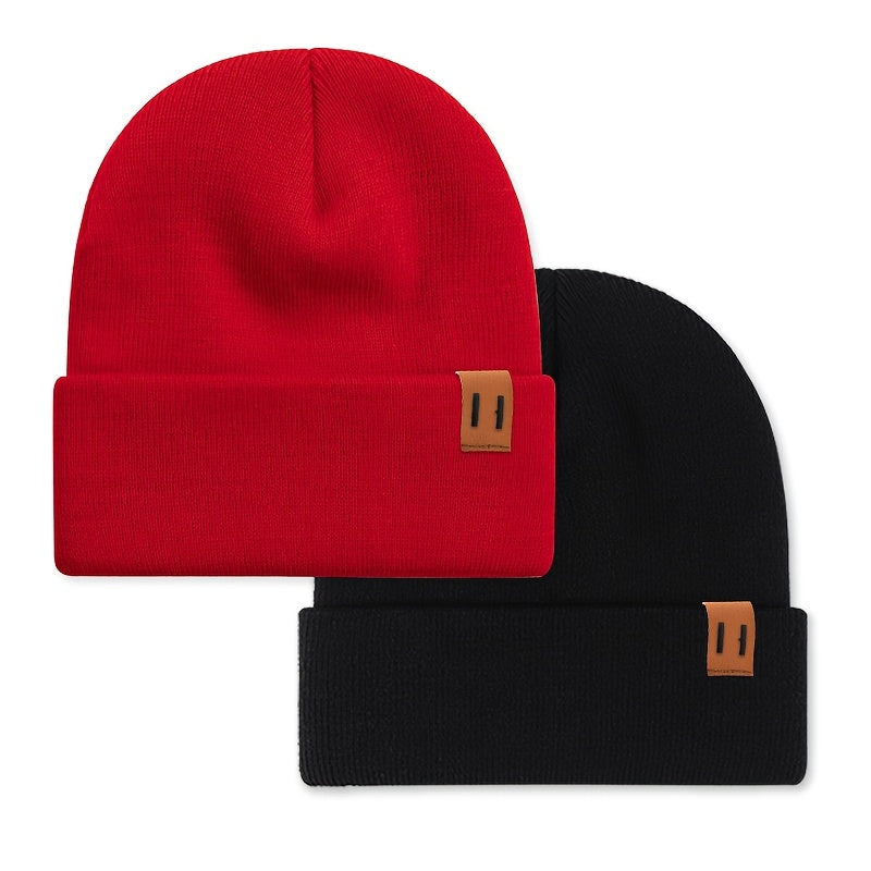2pcs Fashion Faux Leather Label Knit Hat Set for Autumn and Winter, Outdoor Warm Ear Protection Knitted Cap Wholesale Lightweight Beanie